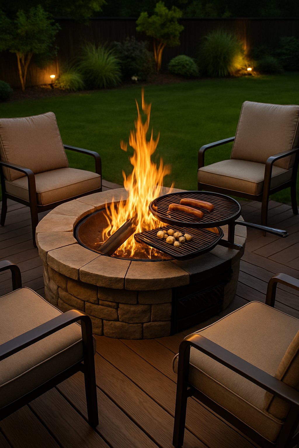 Backyard fire pit with built-in grill surrounded by chairs and greenery, with a fire burning and food cooking on the grill.