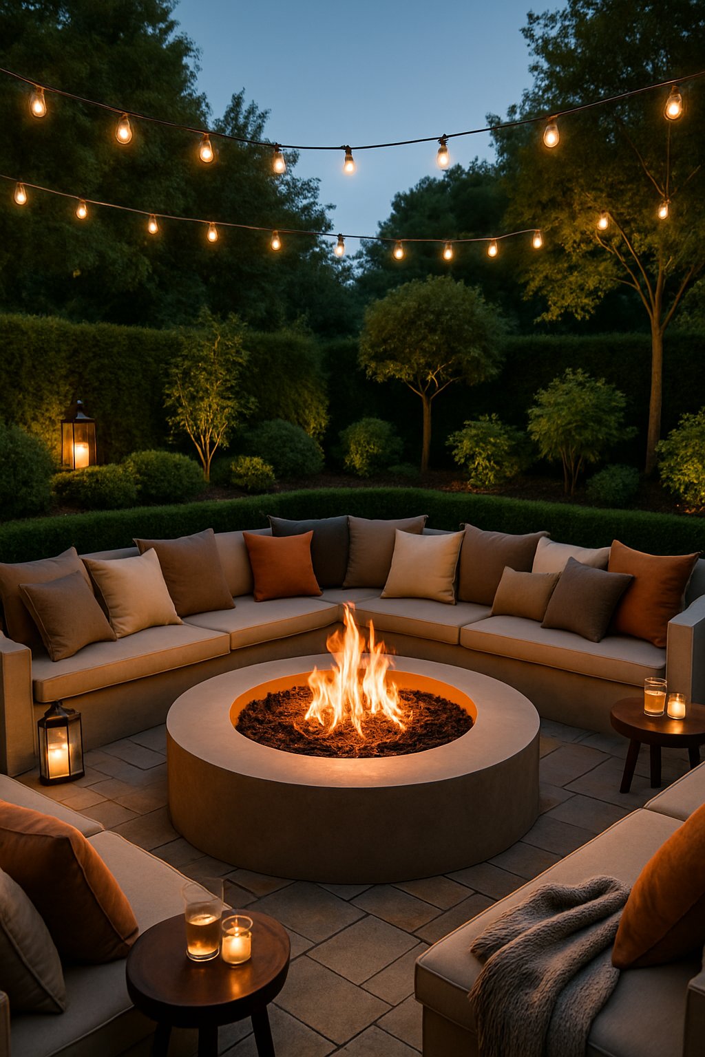 A sunken fire pit lounge in a backyard with a circular fire pit surrounded by cushioned seating, greenery, and string lights overhead.