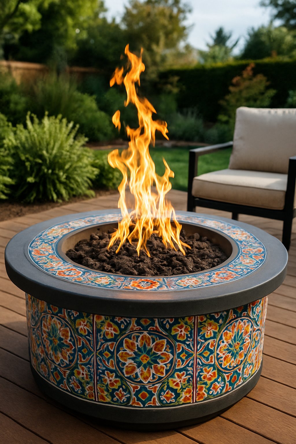 Outdoor fire pit with colorful mosaic tile surround and bright flames in a backyard setting with greenery and seating.