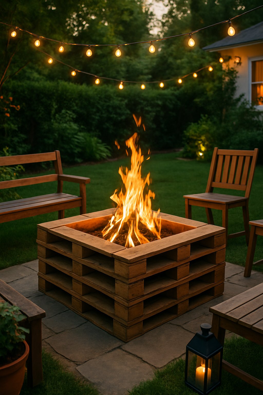 Backyard with a wood pallet fire pit burning surrounded by outdoor seating and greenery.