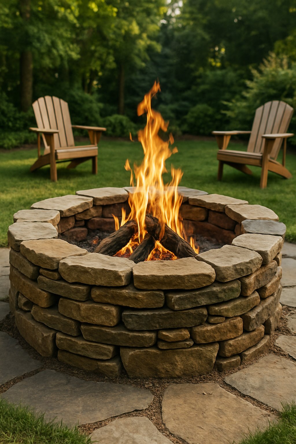 A circular stacked flagstone fire pit with a burning fire in a backyard surrounded by grass, trees, and outdoor chairs.