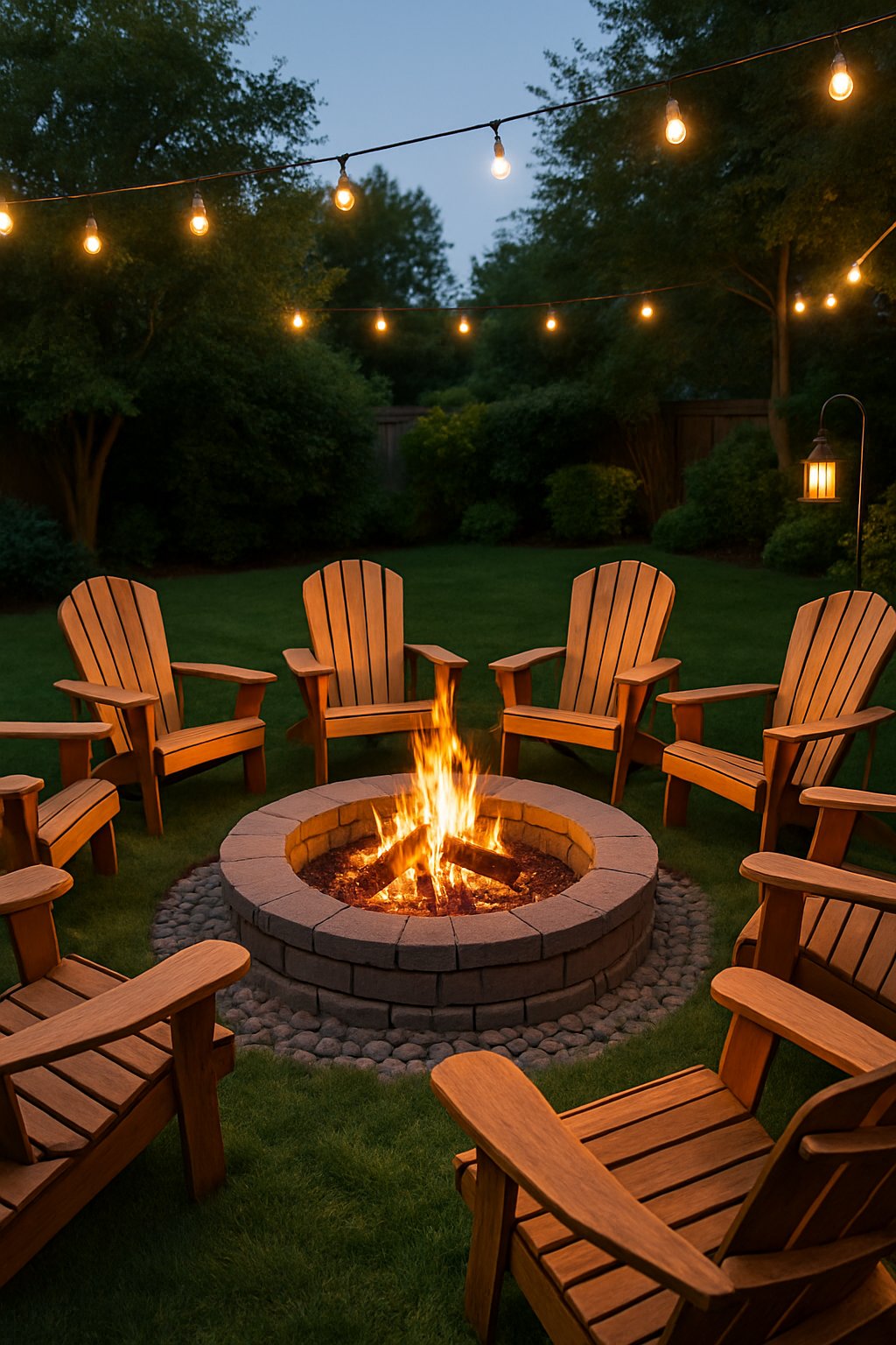 A circular fire pit surrounded by six wooden Adirondack chairs in a backyard during early evening with a fire burning in the pit.