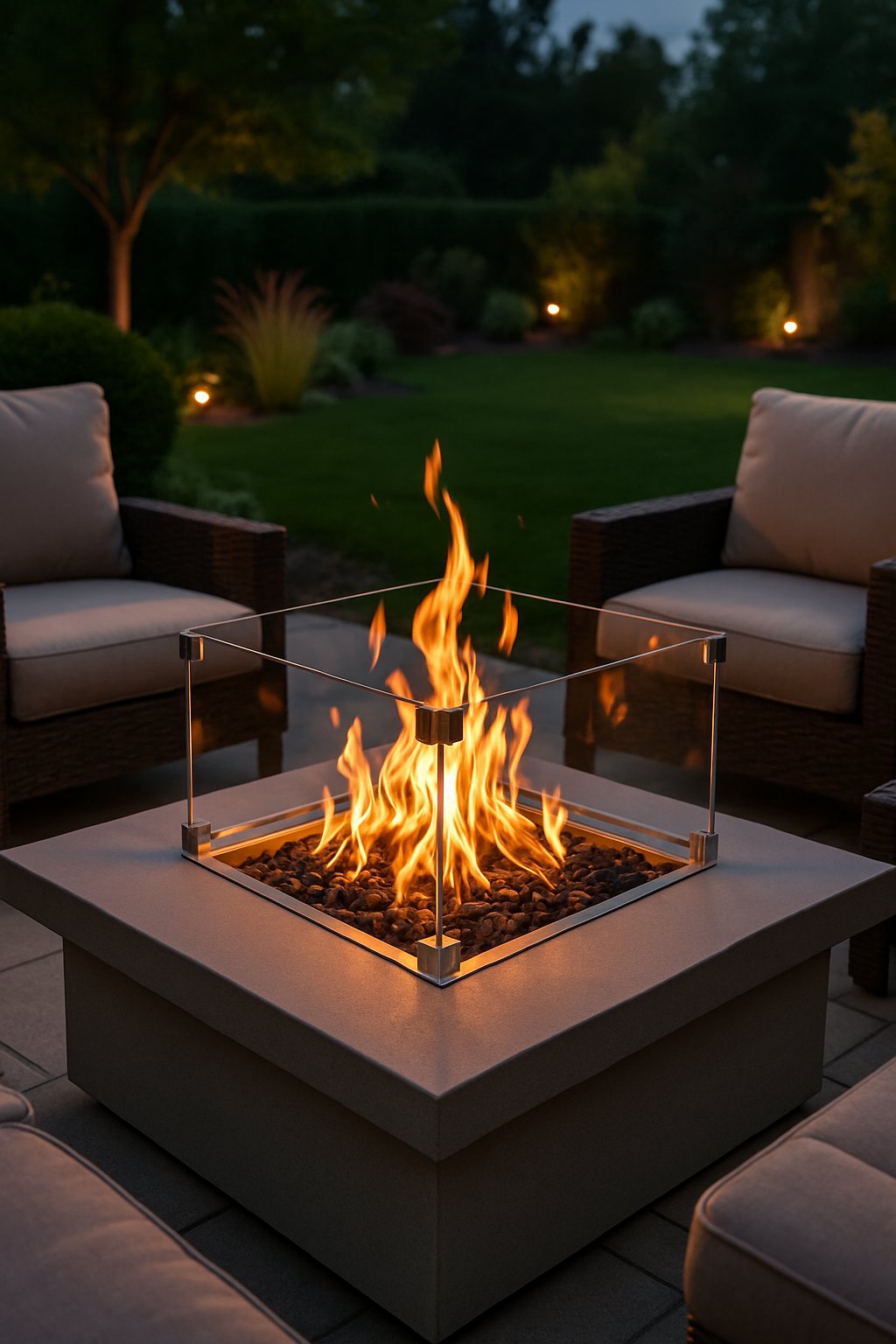 Outdoor backyard with a lit fire pit surrounded by a clear glass wind guard, comfortable seating, and greenery in the background.