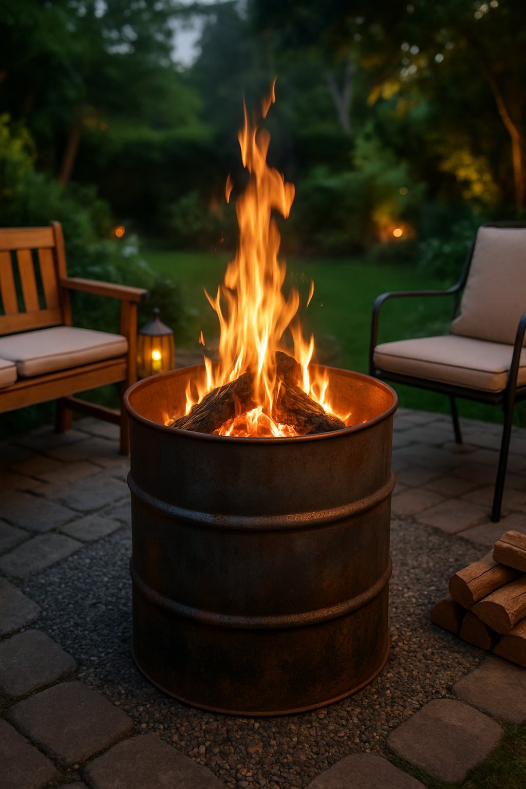 A backyard scene with a glowing steel drum fire pit surrounded by outdoor seating and greenery at dusk.