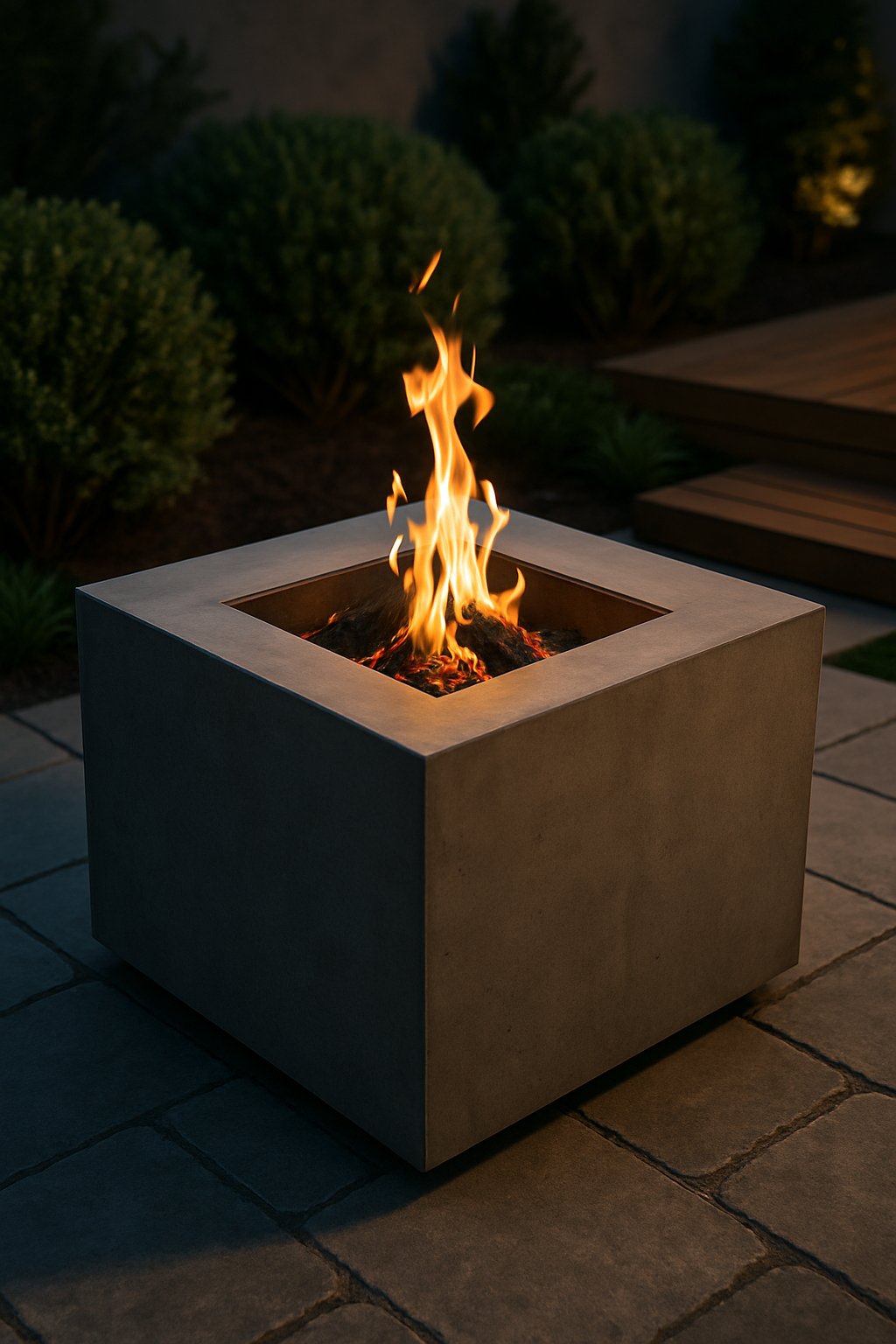 A modern concrete cube fire pit with flames burning inside, set in a backyard with stone paving and plants.