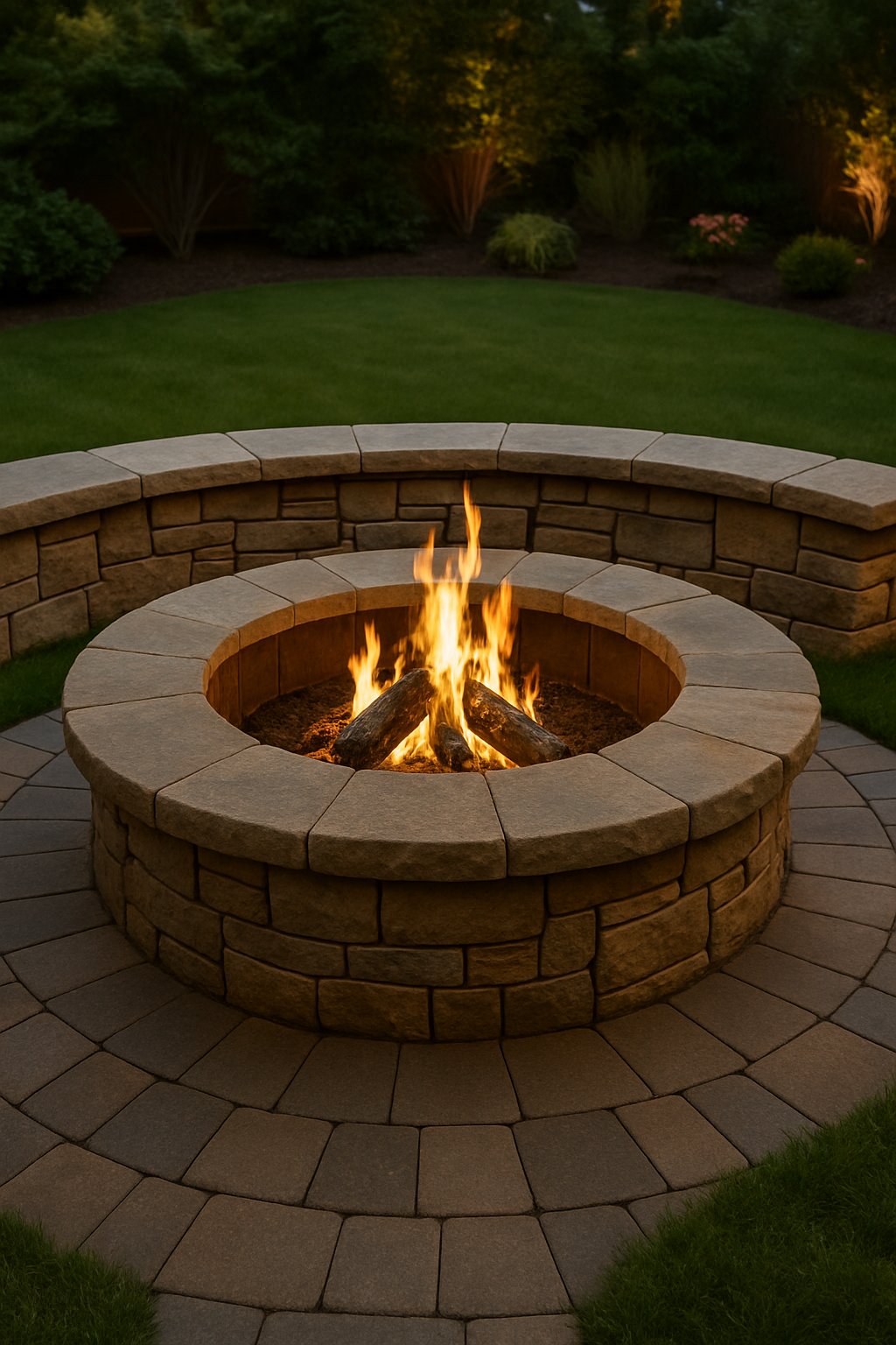 A backyard with a circular stone fire pit surrounded by a stone bench, lit with flames and surrounded by grass and plants.