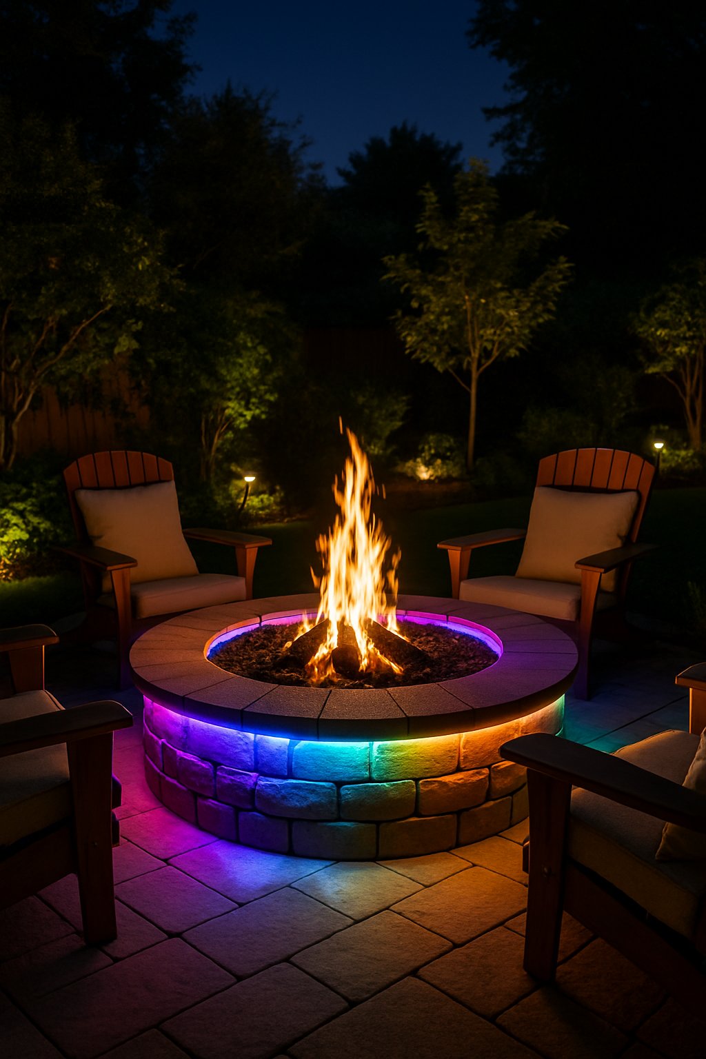 A backyard at night with a glowing fire pit ring surrounded by chairs and garden plants.