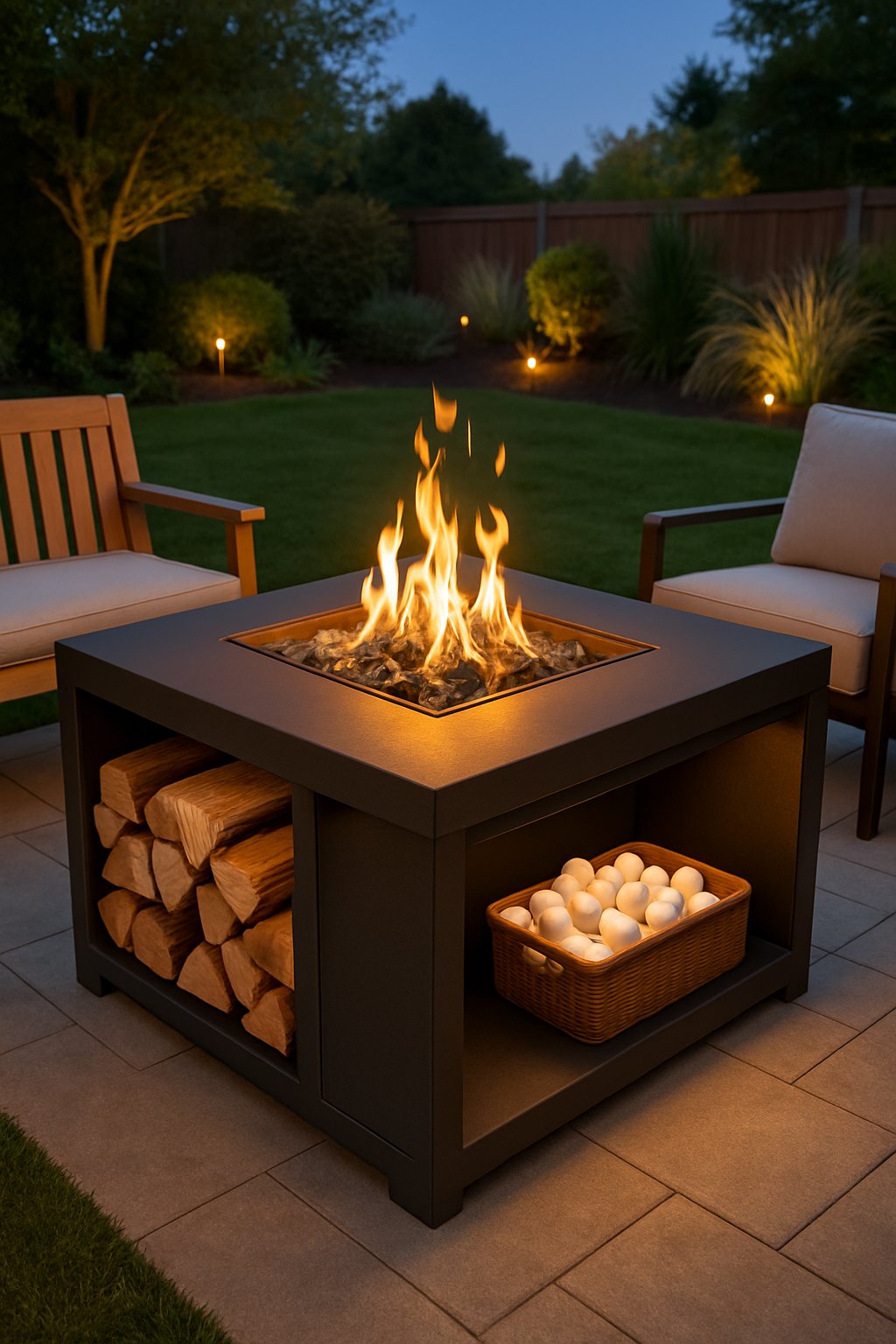 Outdoor backyard fire pit with built-in storage compartments, surrounded by seating and greenery.