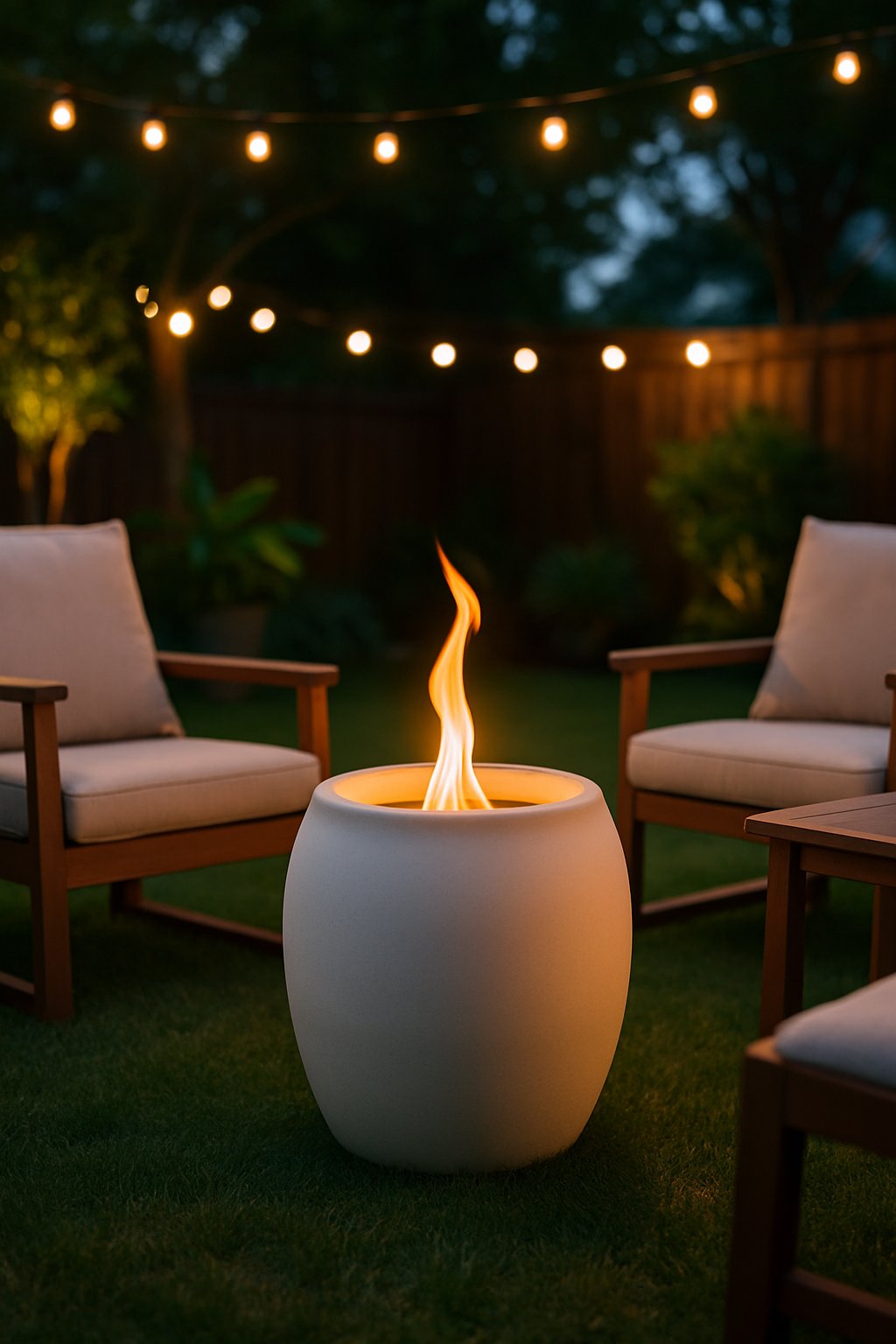A portable ceramic fire pit glowing in a backyard with outdoor seating, plants, and soft lighting at twilight.