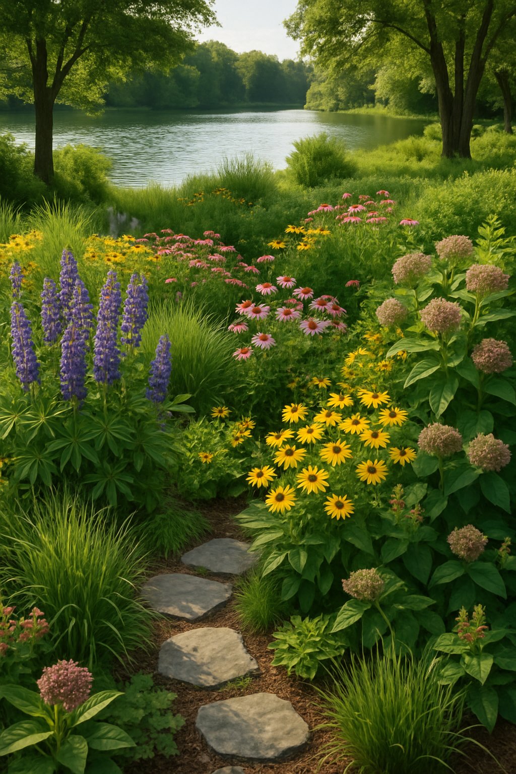 A native plant garden with colorful wildflowers and green shrubs near a calm lake, surrounded by trees and natural stone paths.