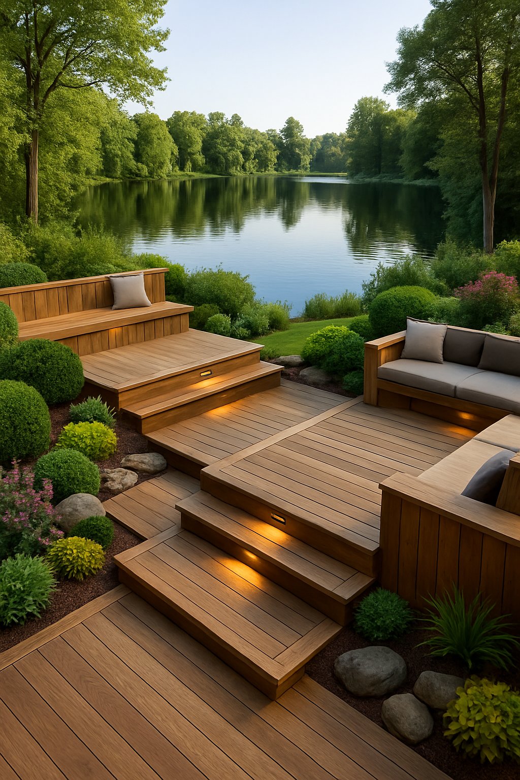 A multi-level wooden deck overlooking a calm lake surrounded by trees and landscaped plants.