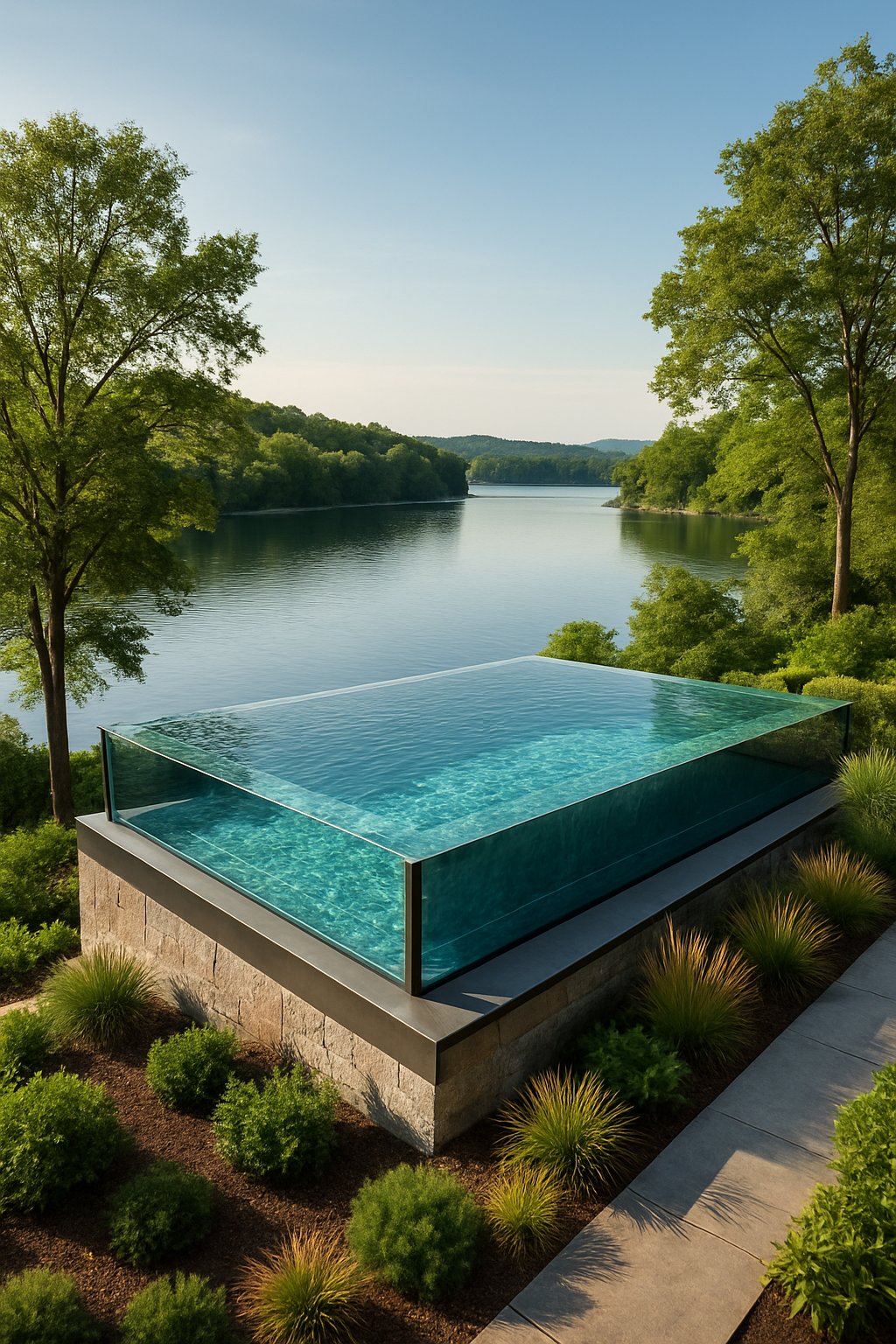 An elevated infinity edge pool overlooking a calm lake, surrounded by lush green landscaping and trees.
