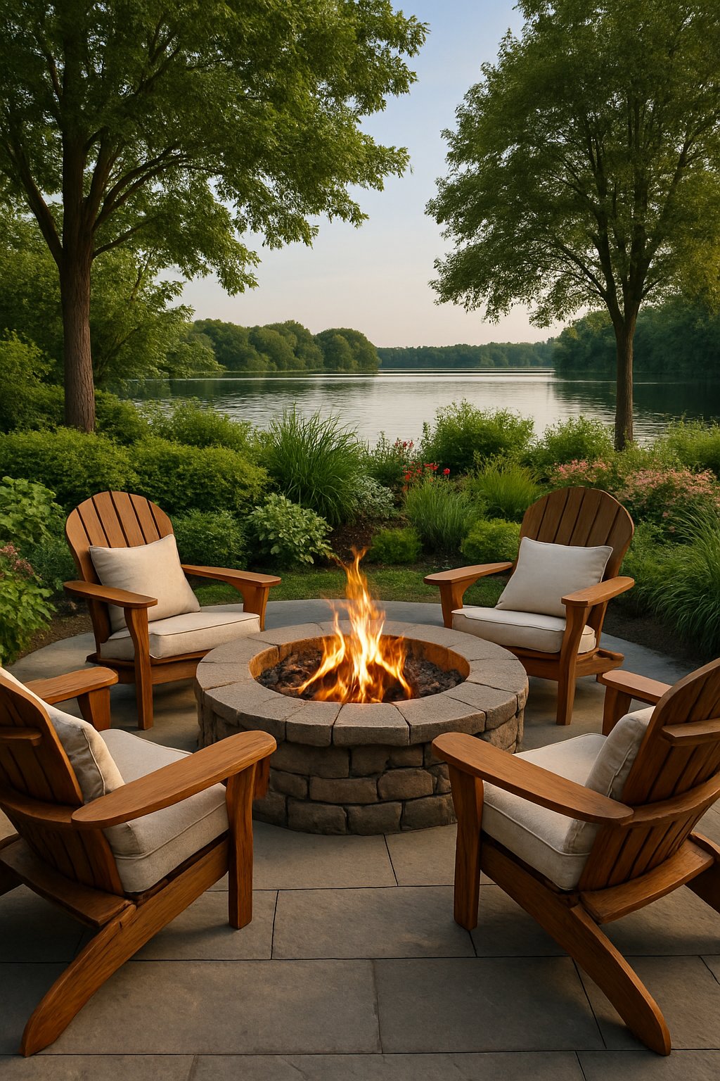 A cozy outdoor fire pit area with Adirondack chairs surrounded by lush greenery and a calm lake in the background.