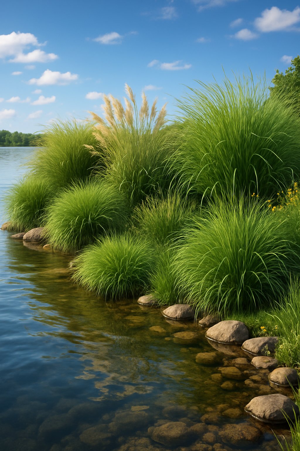 A peaceful lake shoreline lined with various ornamental grasses gently swaying by the water’s edge under a clear blue sky.