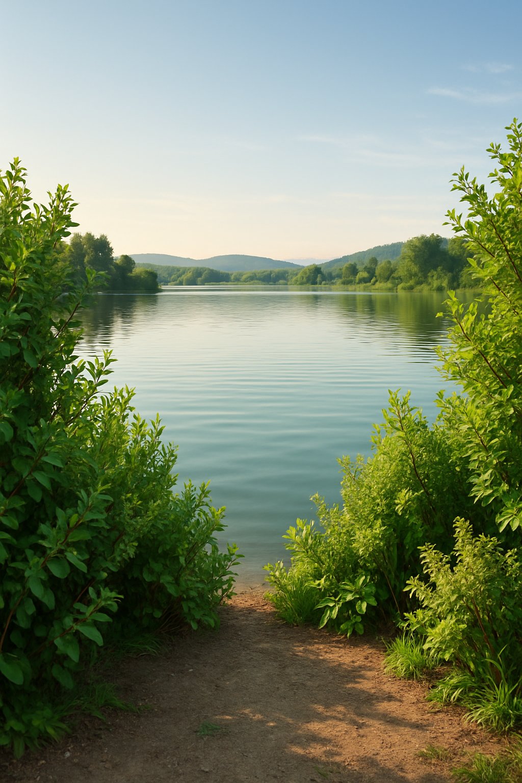 A peaceful lake view framed by low-growing green shrubs along the water's edge with hills and trees in the background.