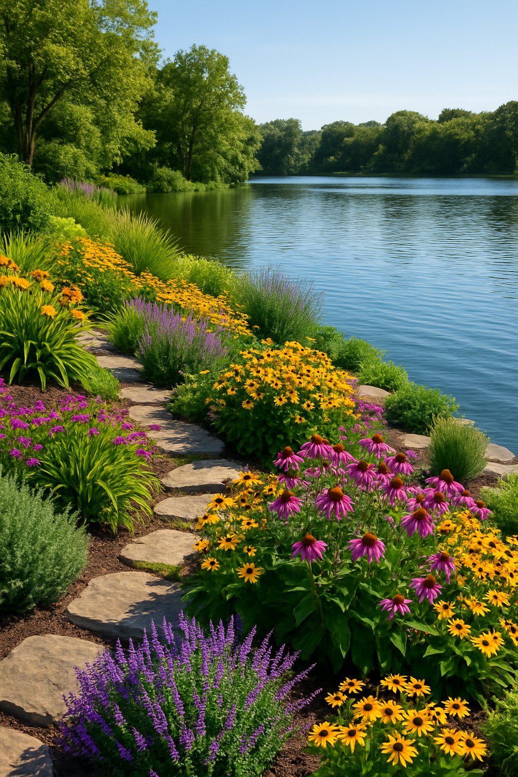 A lakeside garden filled with colorful perennial flowers and greenery along the shore of a calm lake under a clear sky.