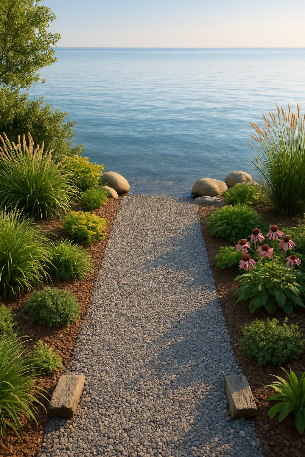 A gravel pathway leads through green plants to a calm lake with clear water and a natural shoreline.
