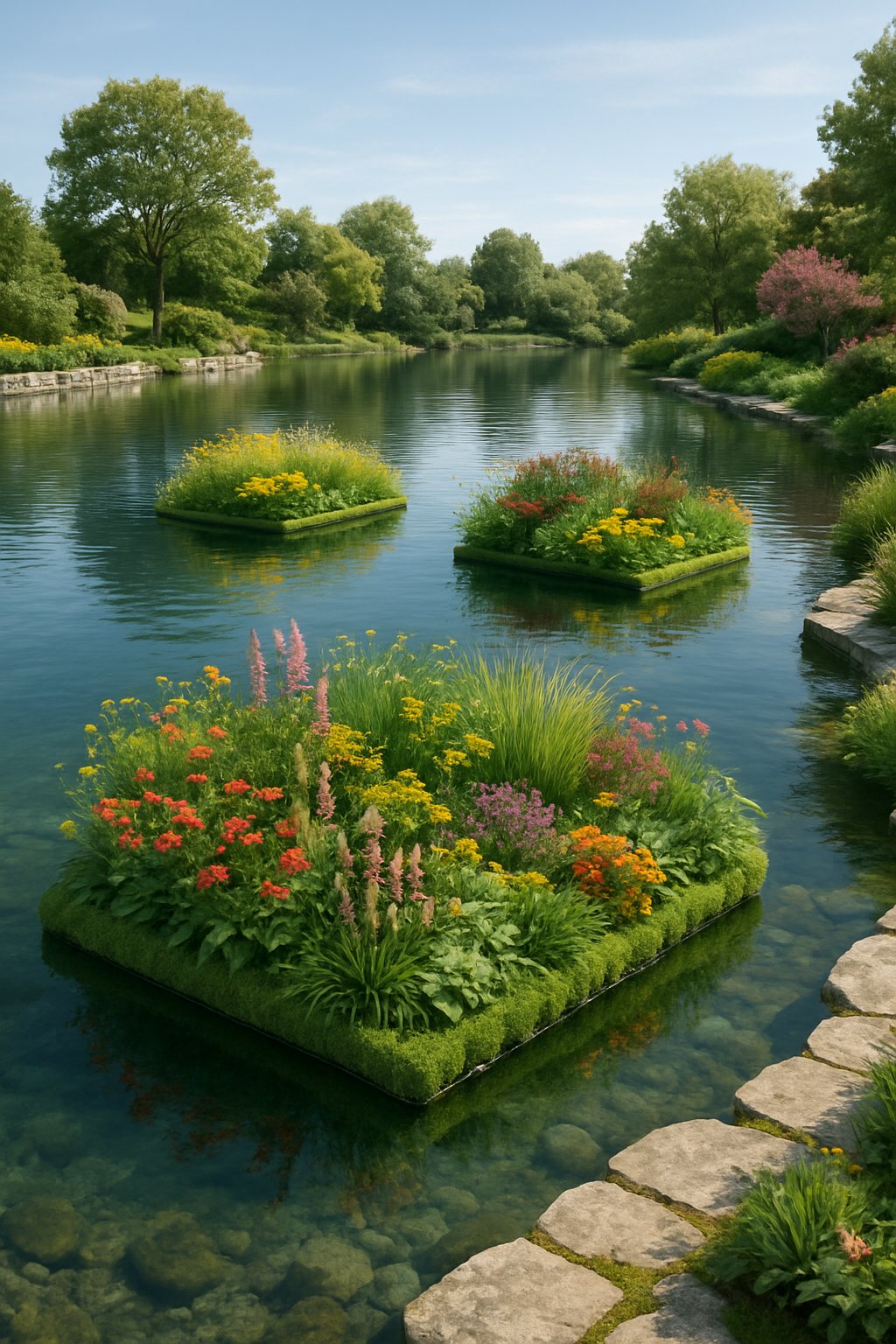 A peaceful lake with several floating gardens covered in colorful flowers and plants, surrounded by trees and stone pathways under a clear sky.