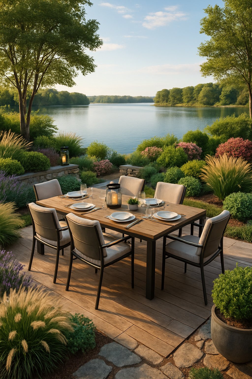 Outdoor dining patio with a wooden deck, modern table and chairs, surrounded by lush plants, overlooking a calm lake under a clear sky.