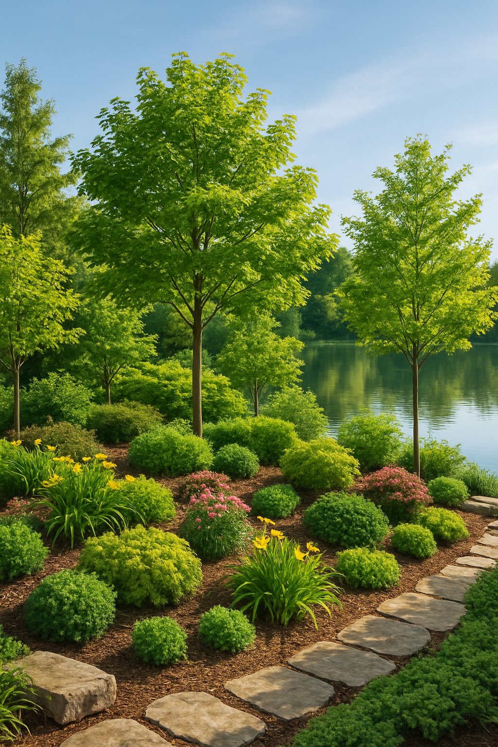 A lakeside garden with small trees and layered plants arranged along the water's edge, featuring pathways and lush greenery.