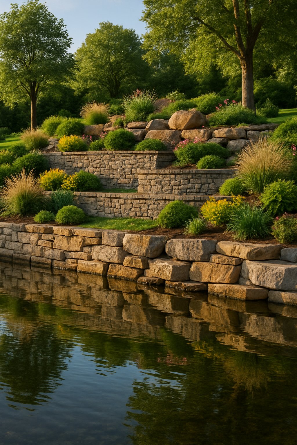 A lakefront landscape with natural stone retaining walls surrounded by plants and trees, reflecting in calm water under soft sunlight.