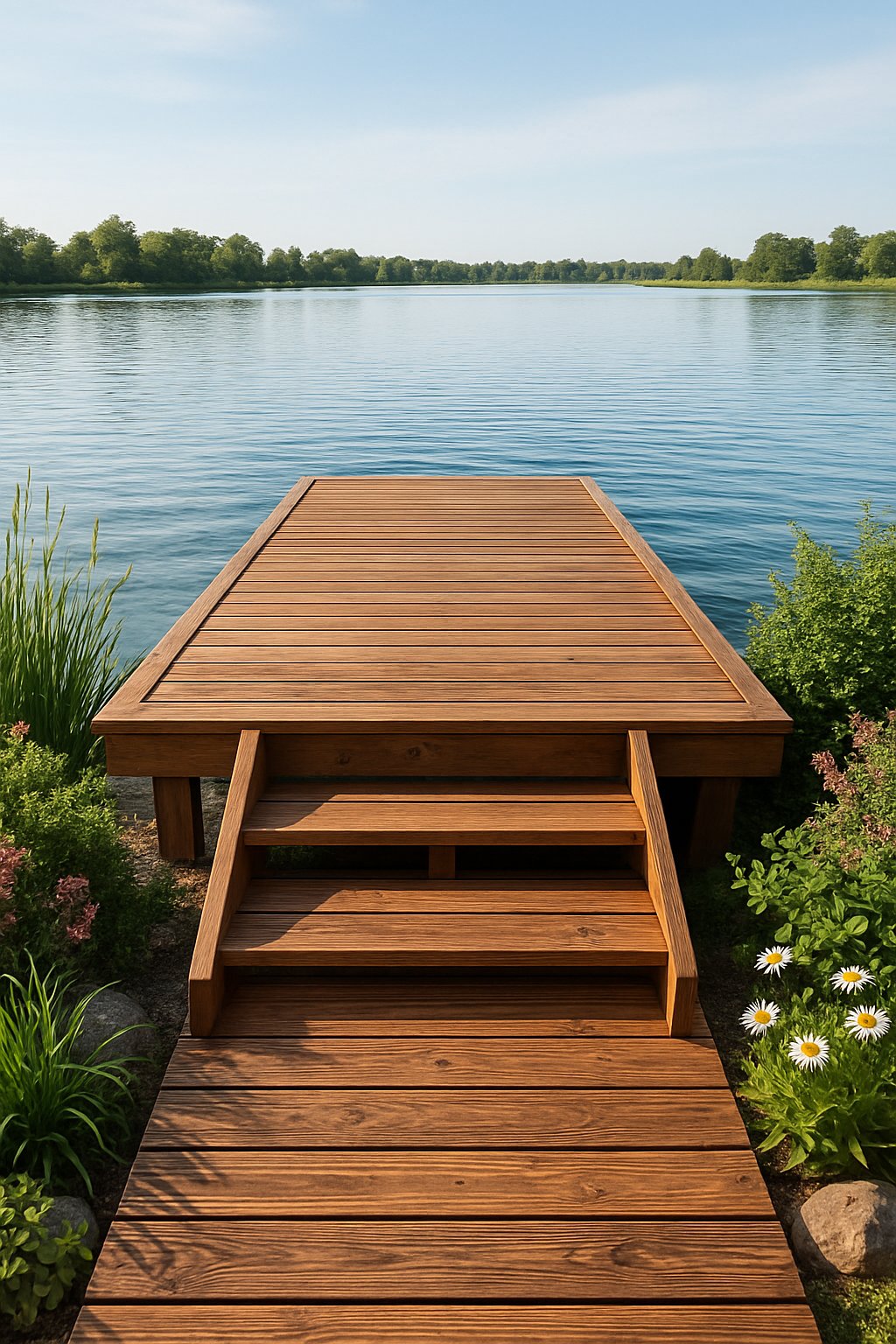 A wooden pier extending over a calm lake surrounded by green plants and trees along the shoreline.