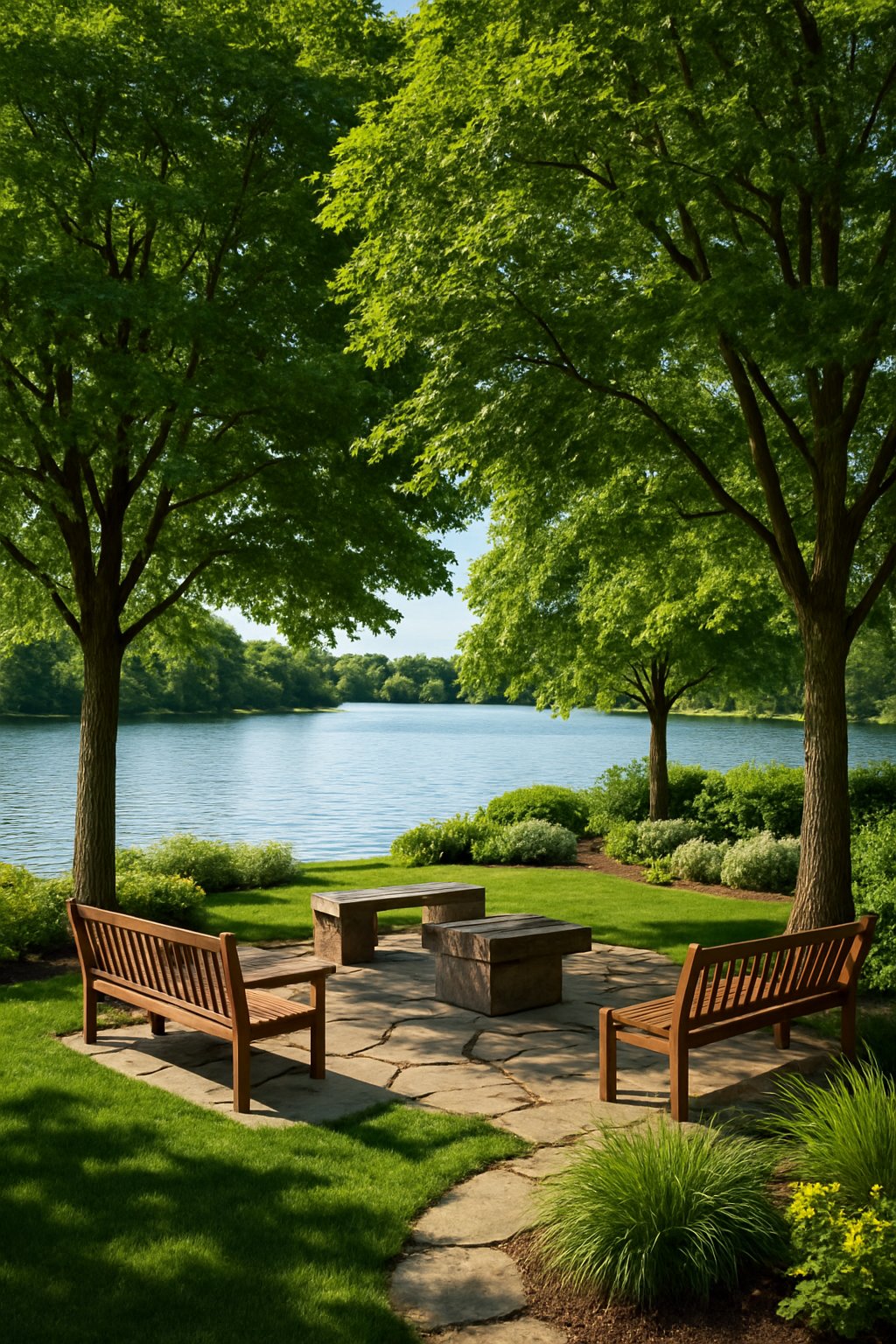 A peaceful lakeside scene with shade trees planted near wooden benches and stone seating areas surrounded by grass and landscaping plants.