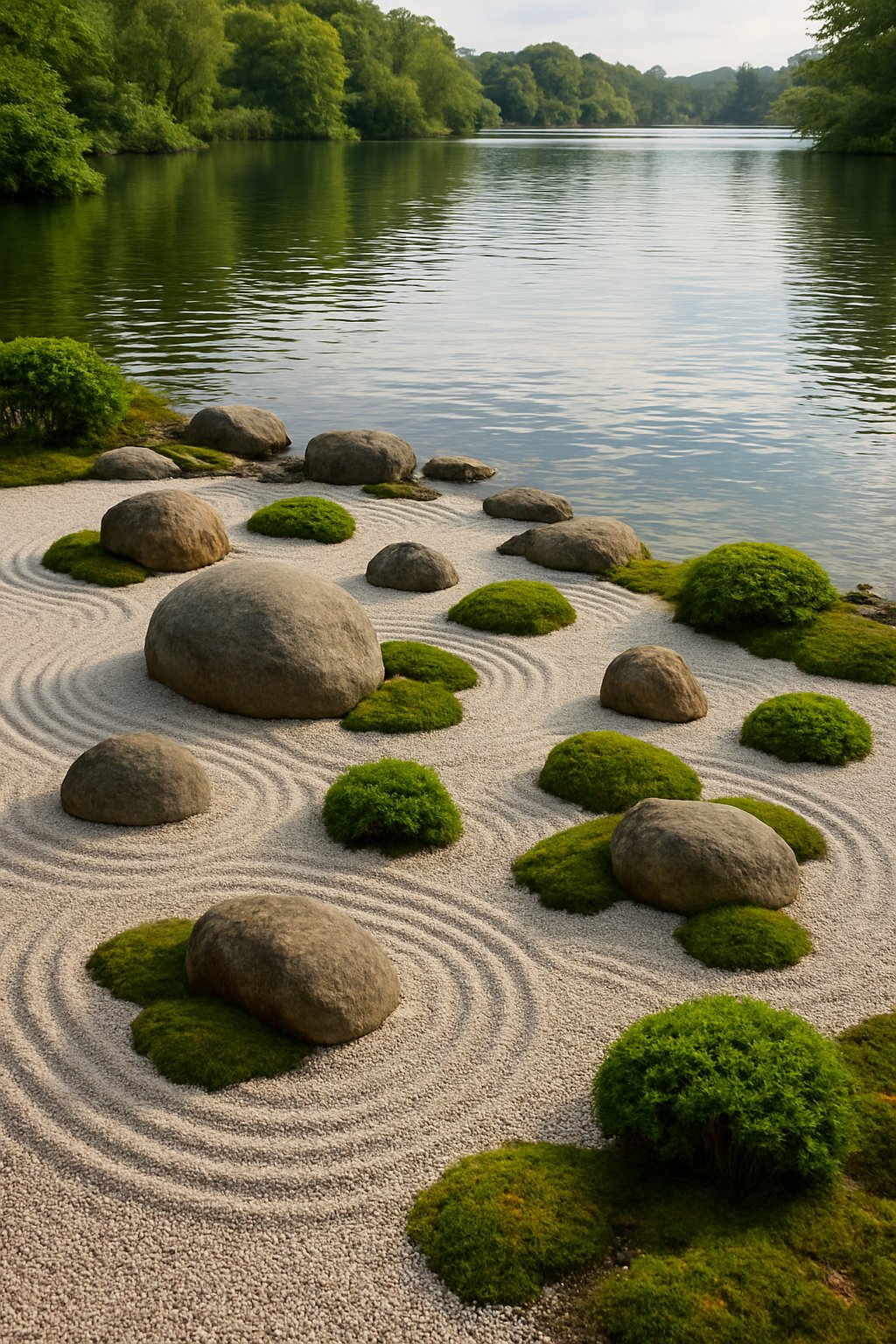 A peaceful Zen rock garden with white gravel and stones near the shore of a calm lake surrounded by greenery.
