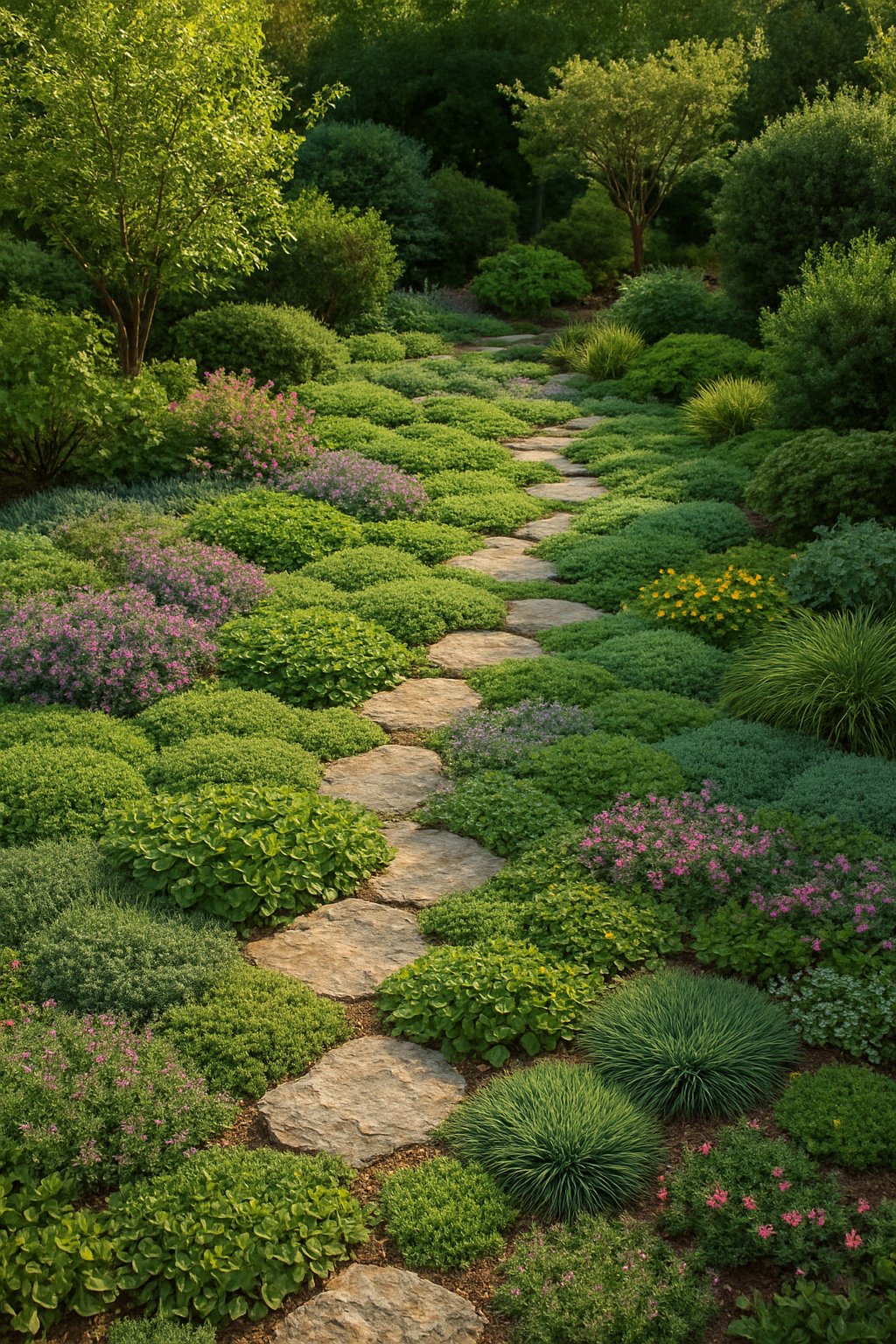 A garden area without lawn, filled with native groundcover plants, stone pathways, shrubs, and small trees.