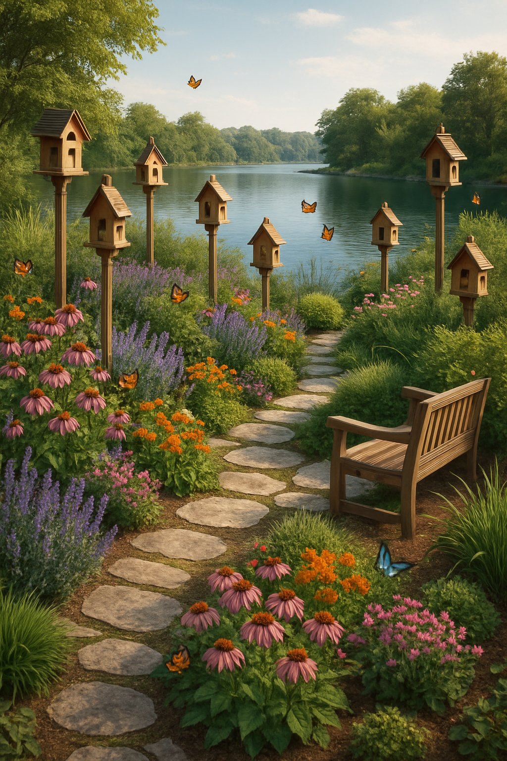 A peaceful lakefront garden with birdhouses on wooden posts and colorful butterfly-friendly plants blooming near the water's edge, surrounded by trees and stone pathways.