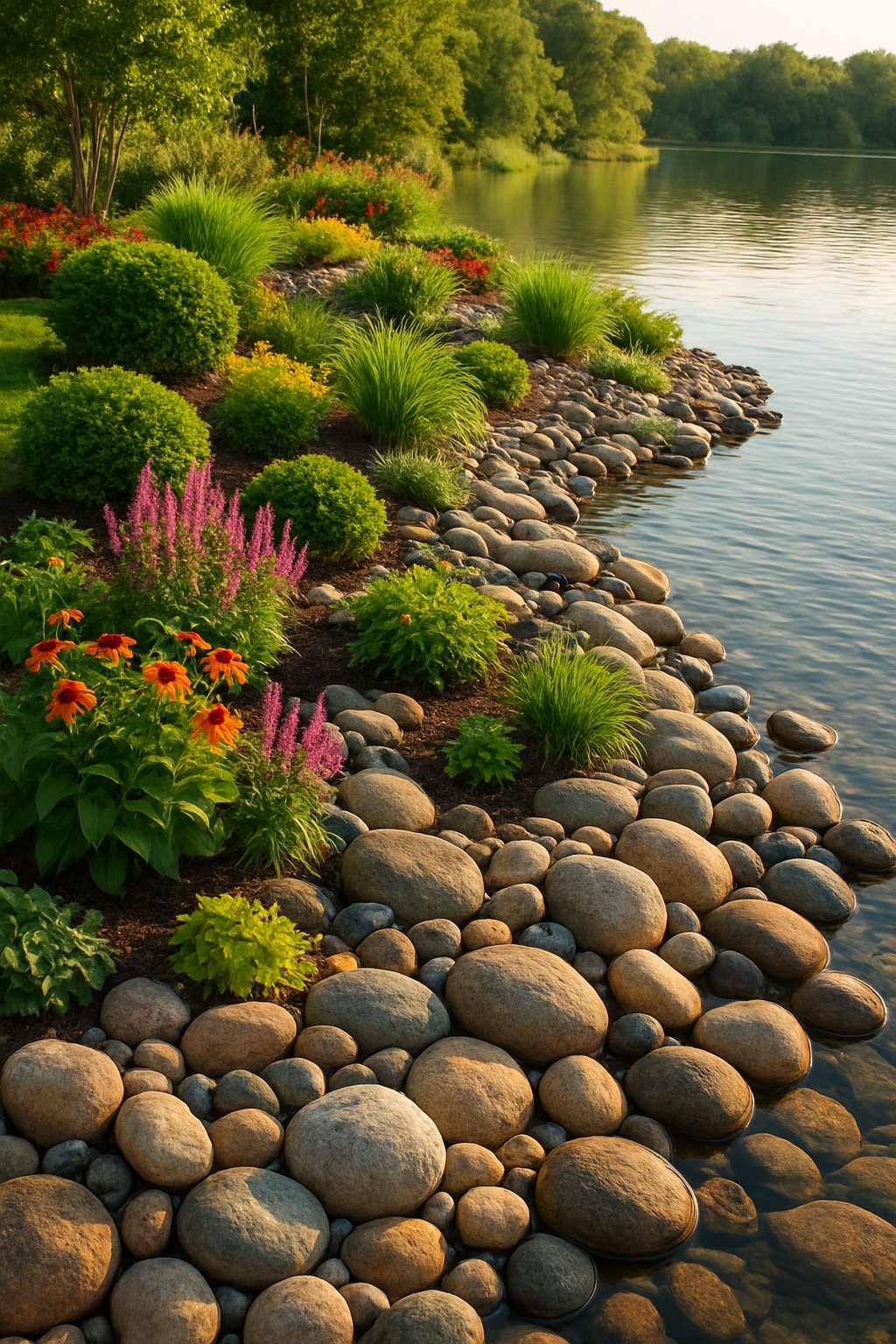 A peaceful lake scene with landscaping beds filled with smooth river rocks, surrounded by green plants and flowers along the water's edge.
