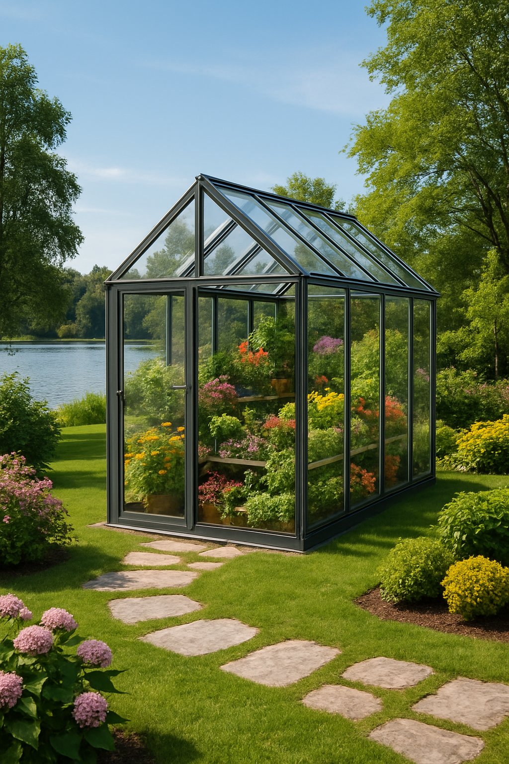 A small glass greenhouse surrounded by green plants and stone paths near a calm lake with trees in the background.