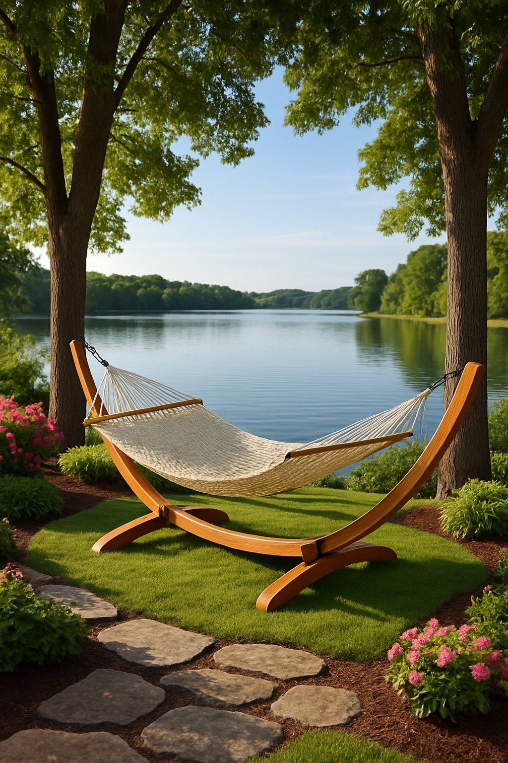 A hammock hanging between two trees overlooking a calm lake surrounded by green grass and shrubs.