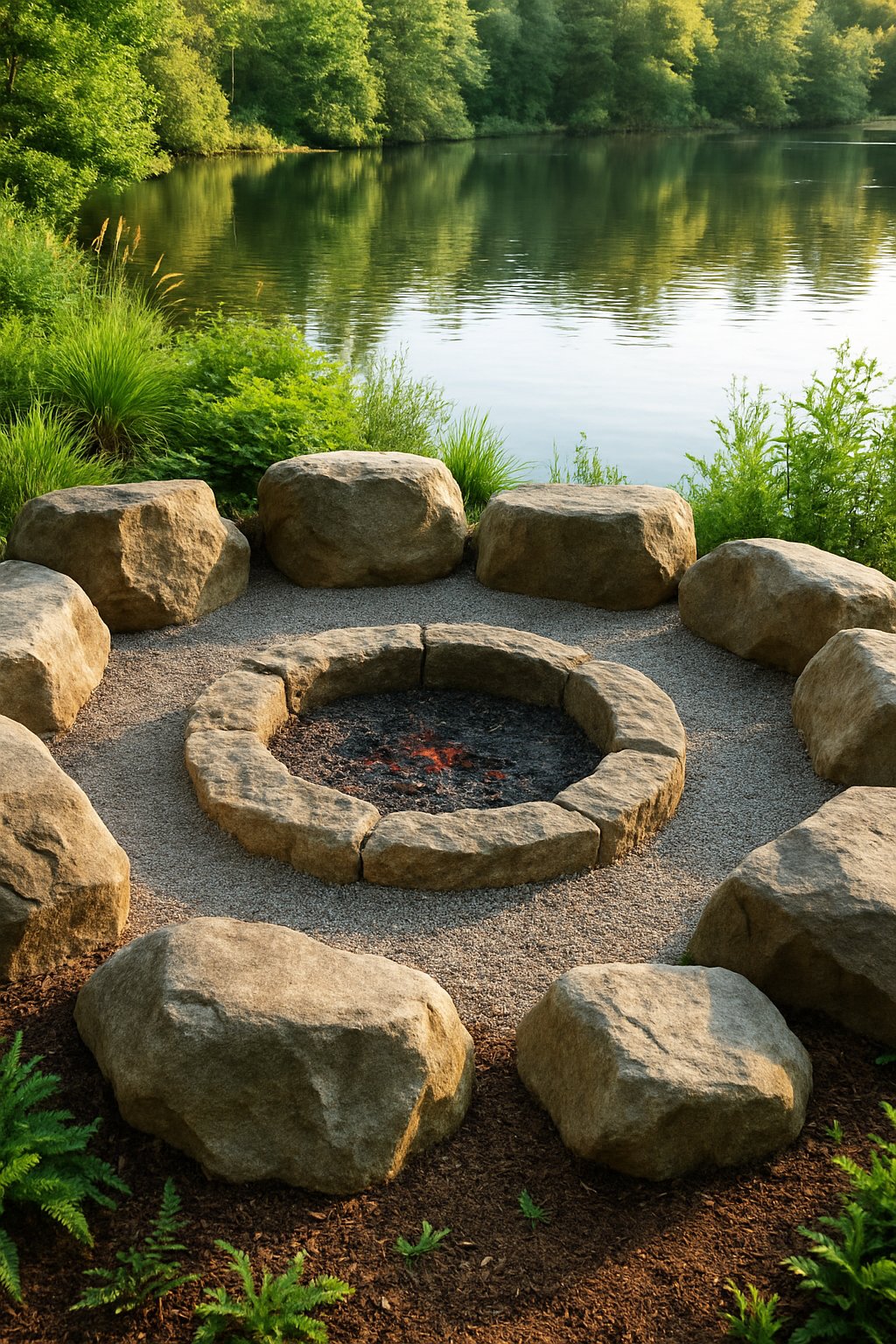 A gravel fire pit surrounded by large boulders next to a calm lake with plants and greenery around it.