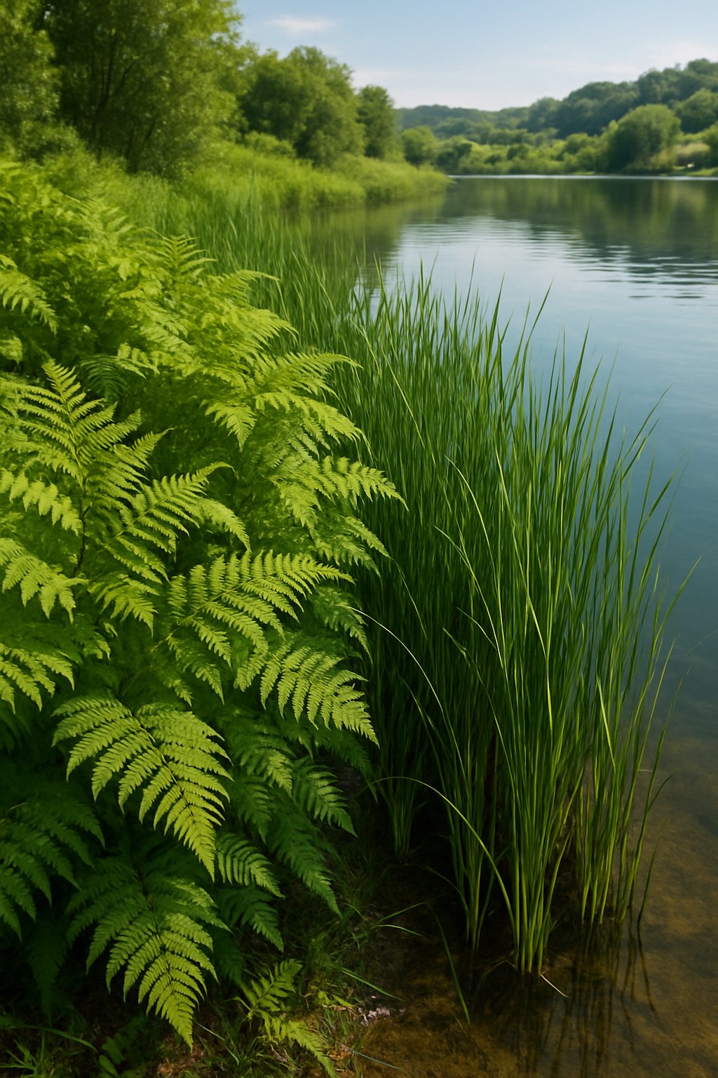 A natural shoreline with ferns and sedges growing densely along the edge of a calm lake surrounded by greenery.