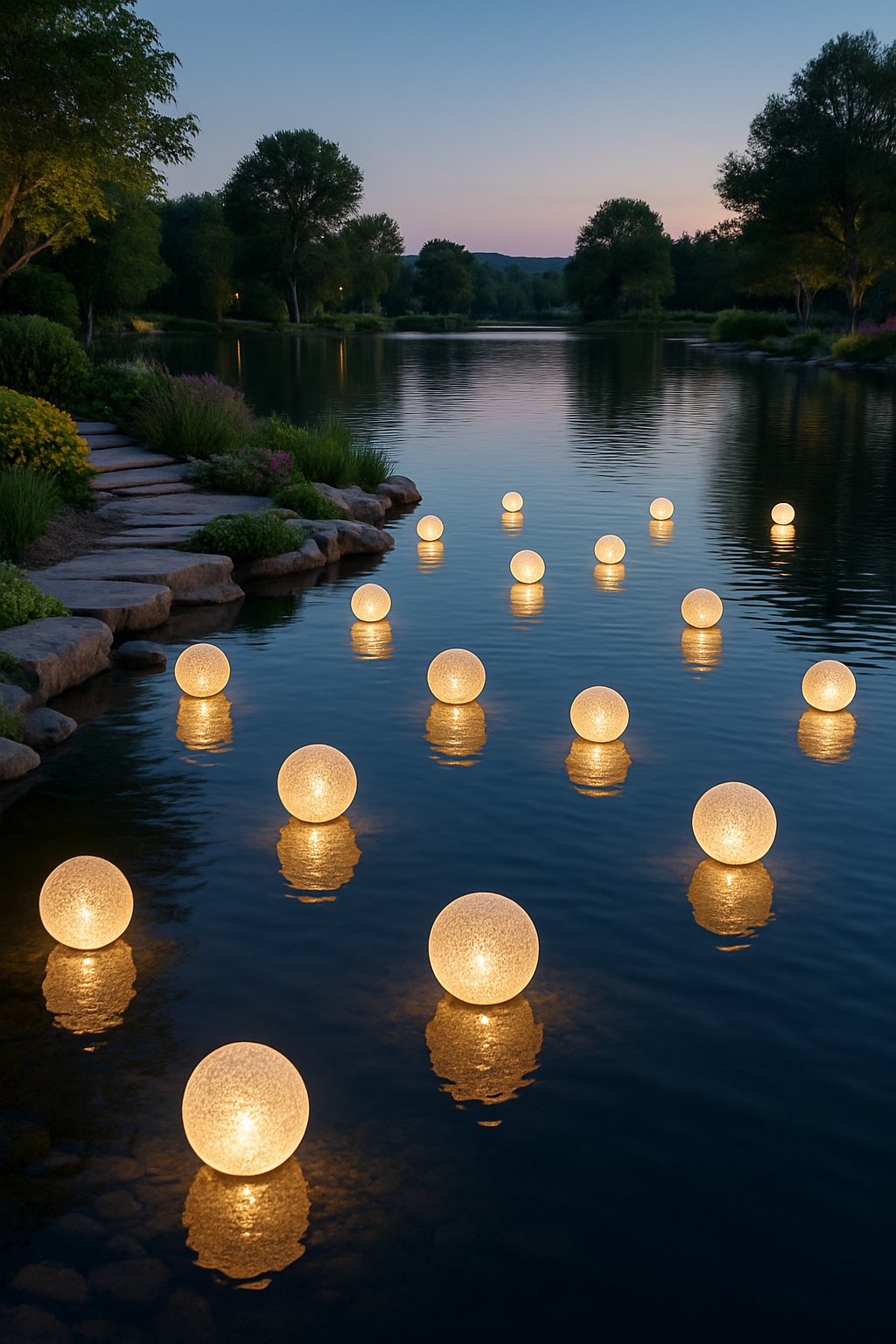 A peaceful lake at dusk with floating solar lights glowing on the water surrounded by landscaped greenery and stone pathways.