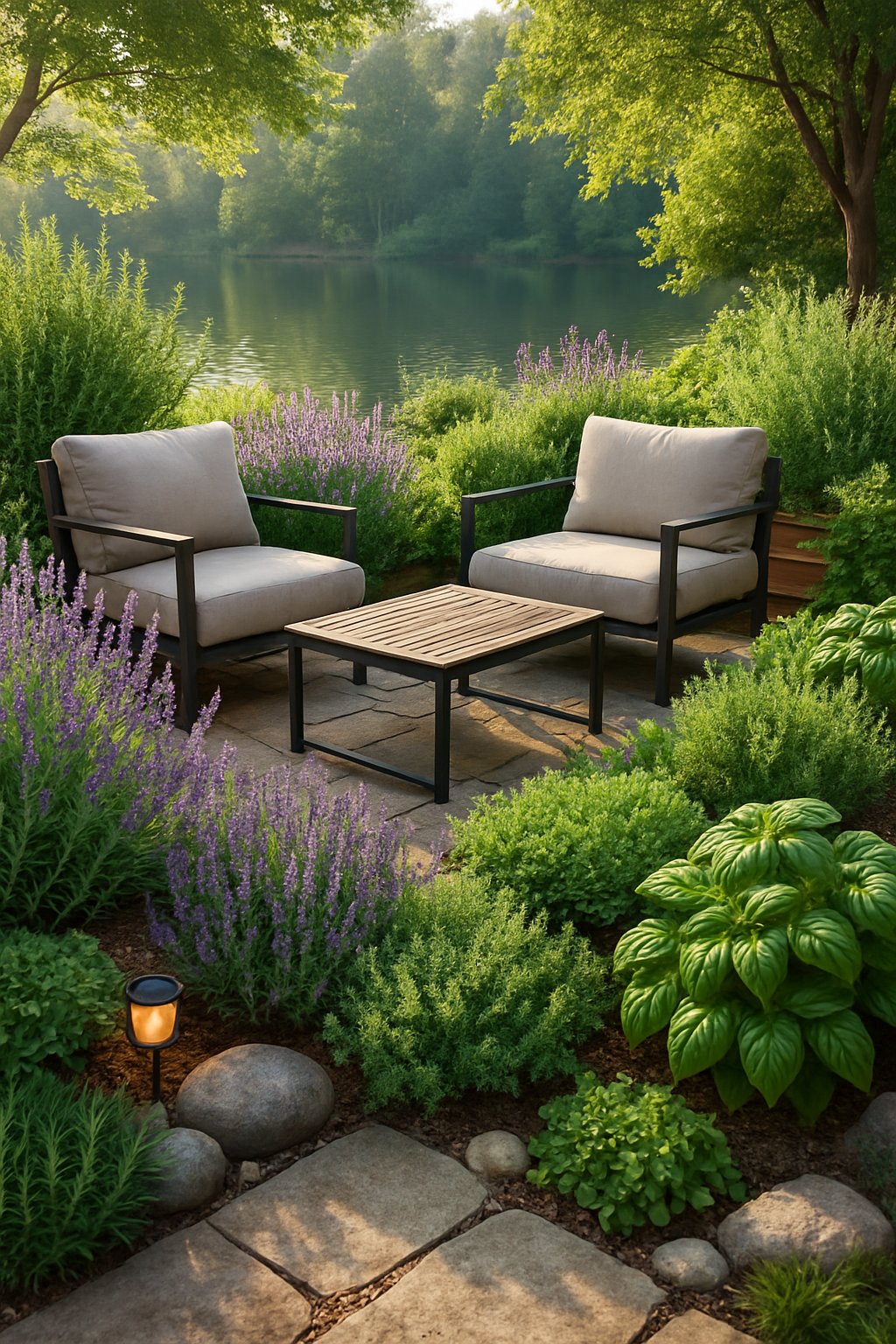 Outdoor seating area near a lake surrounded by fragrant herb plants and natural landscaping.