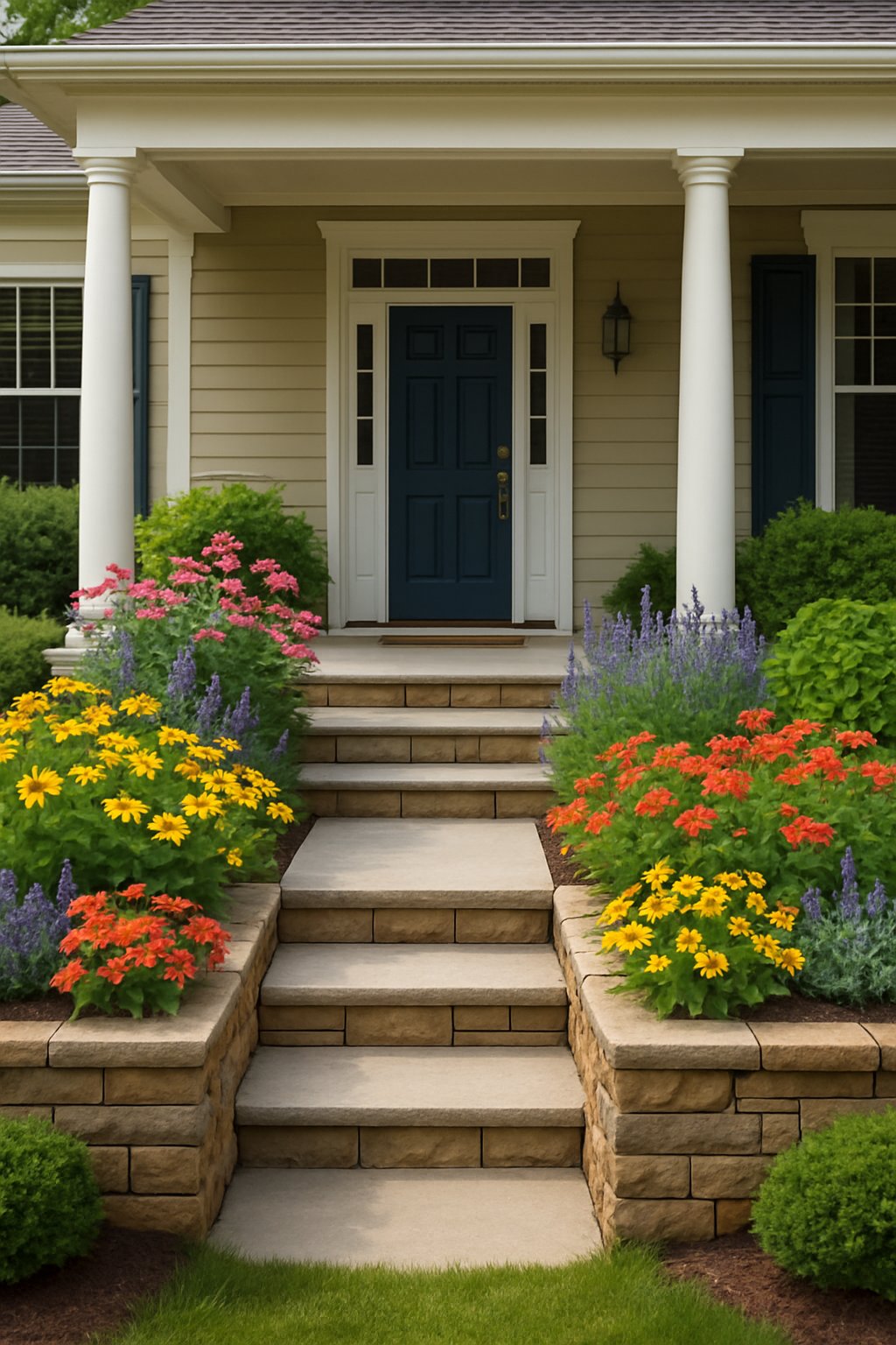 Front porch with raised flower beds filled with colorful flowers and green plants, leading up to a house entrance.