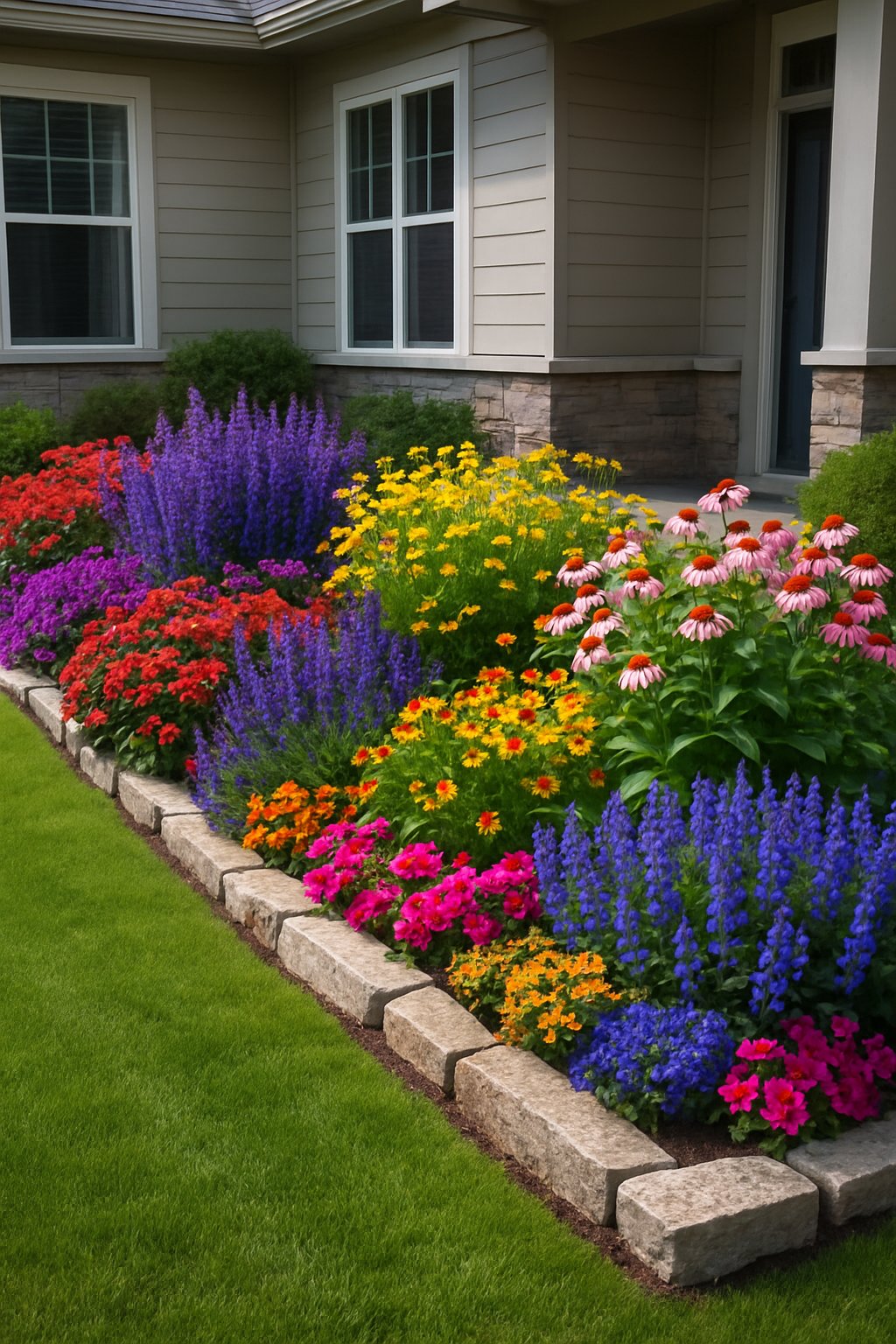 Front yard of a house with colorful perennial flower borders along the walkway and lawn.