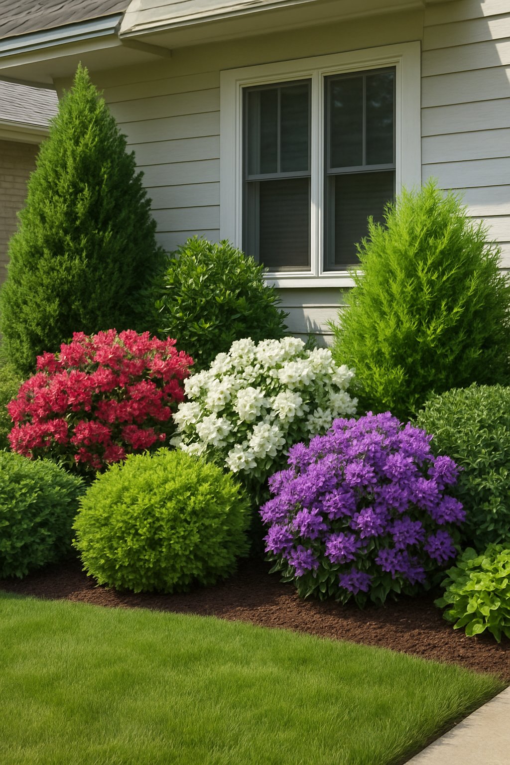 A front yard with a variety of green evergreen and colorful flowering shrubs arranged neatly in front of a modern house.