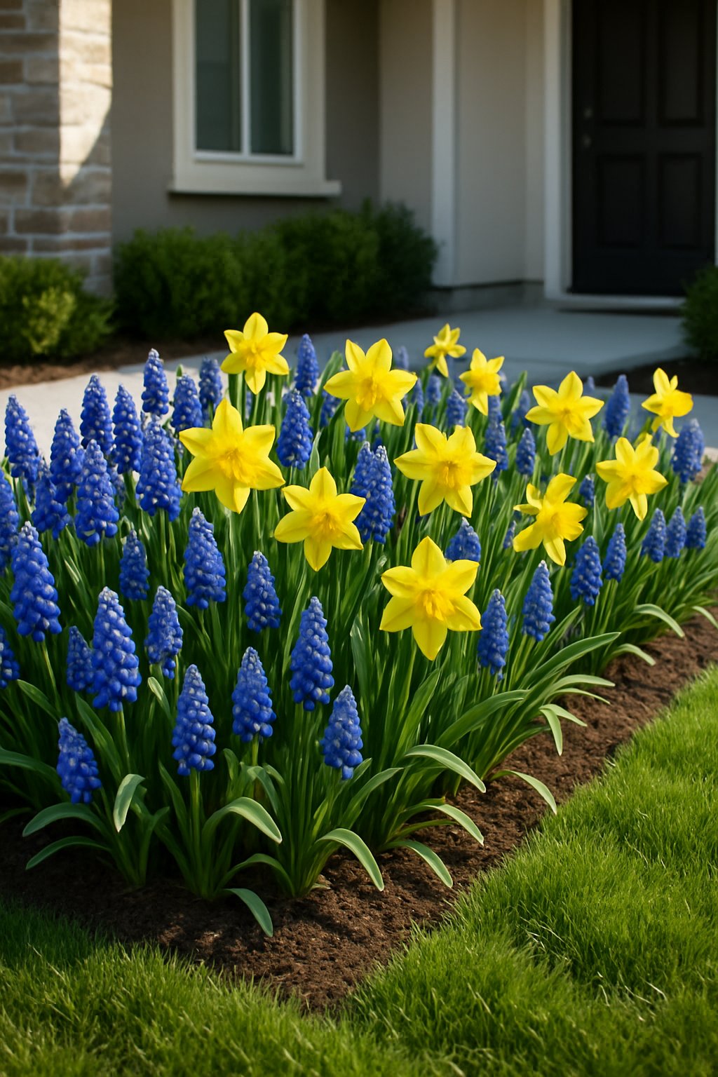 A garden bed in front of a house filled with blue grape hyacinths and yellow daffodils blooming together.