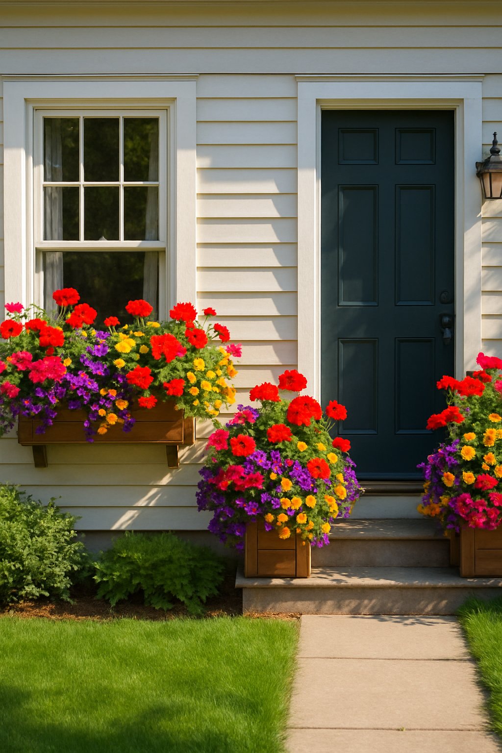 Front of a house with window boxes filled with colorful flowers and a well-kept garden.