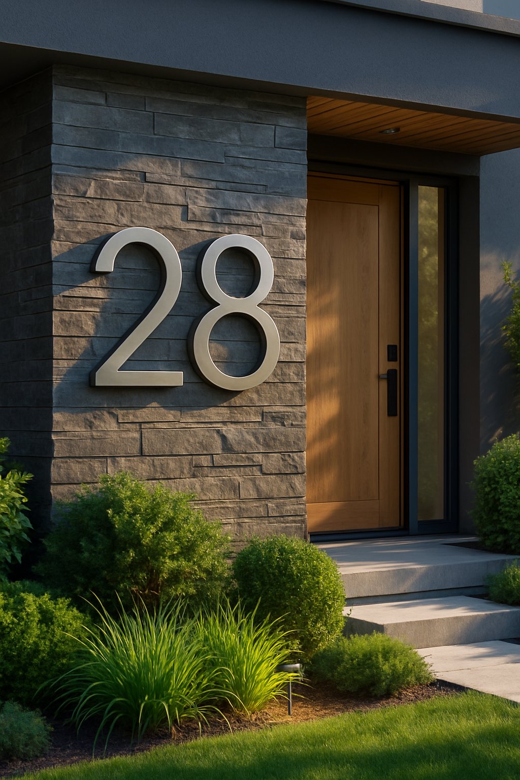 Front of a modern house with custom metal house numbers 28 mounted on the wall, surrounded by green shrubs and landscaping.