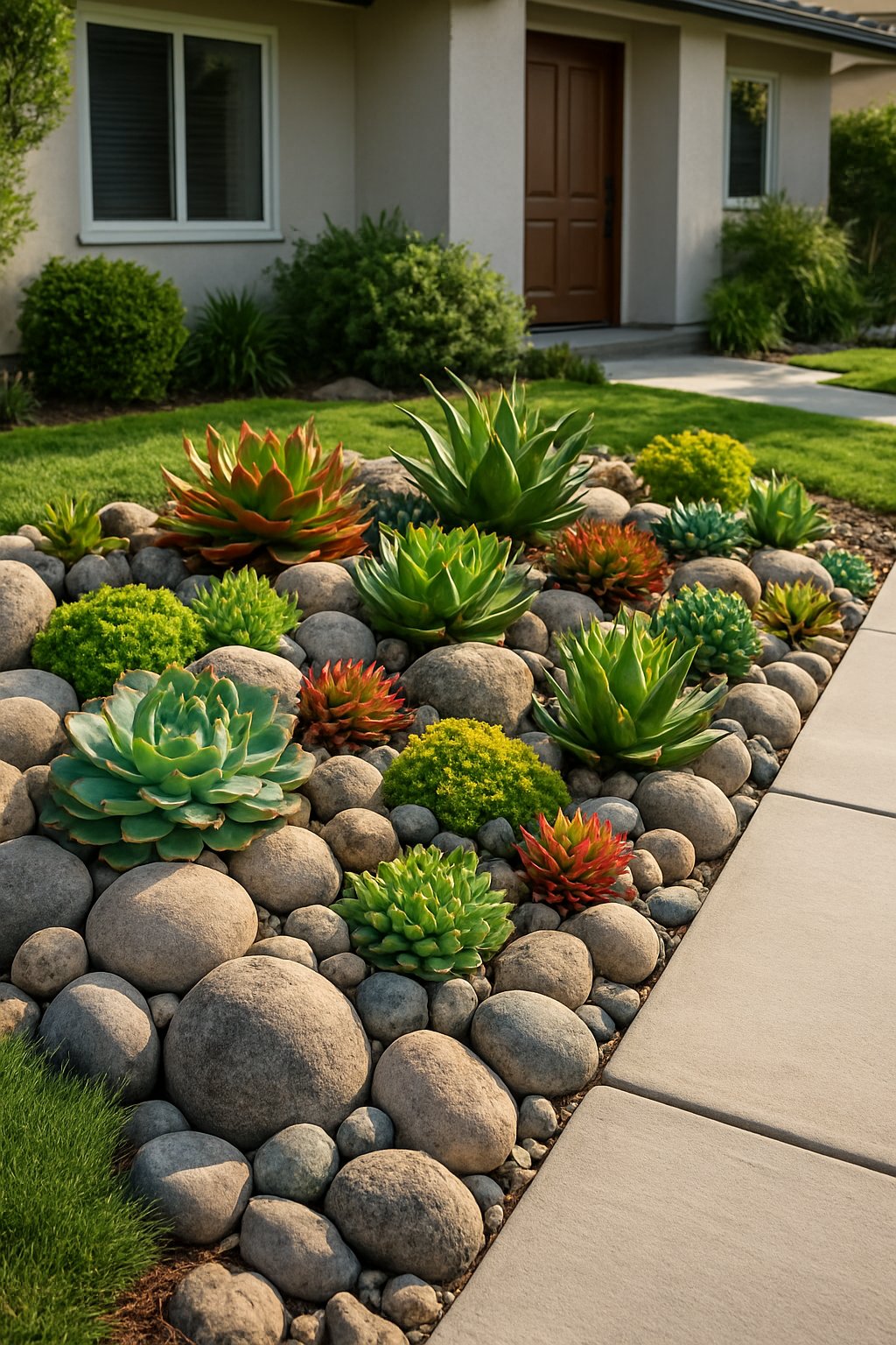 Front yard with a rock garden featuring various succulents arranged among natural stones in front of a modern house.