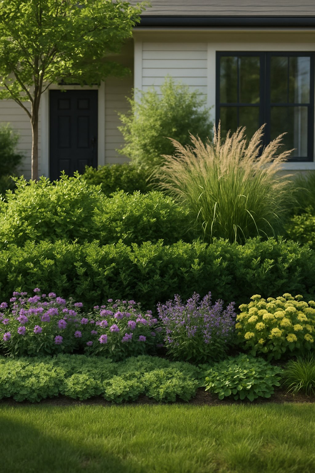 A front yard garden with layered plants of varying heights including small flowers, medium shrubs, and taller grasses and trees near a house.