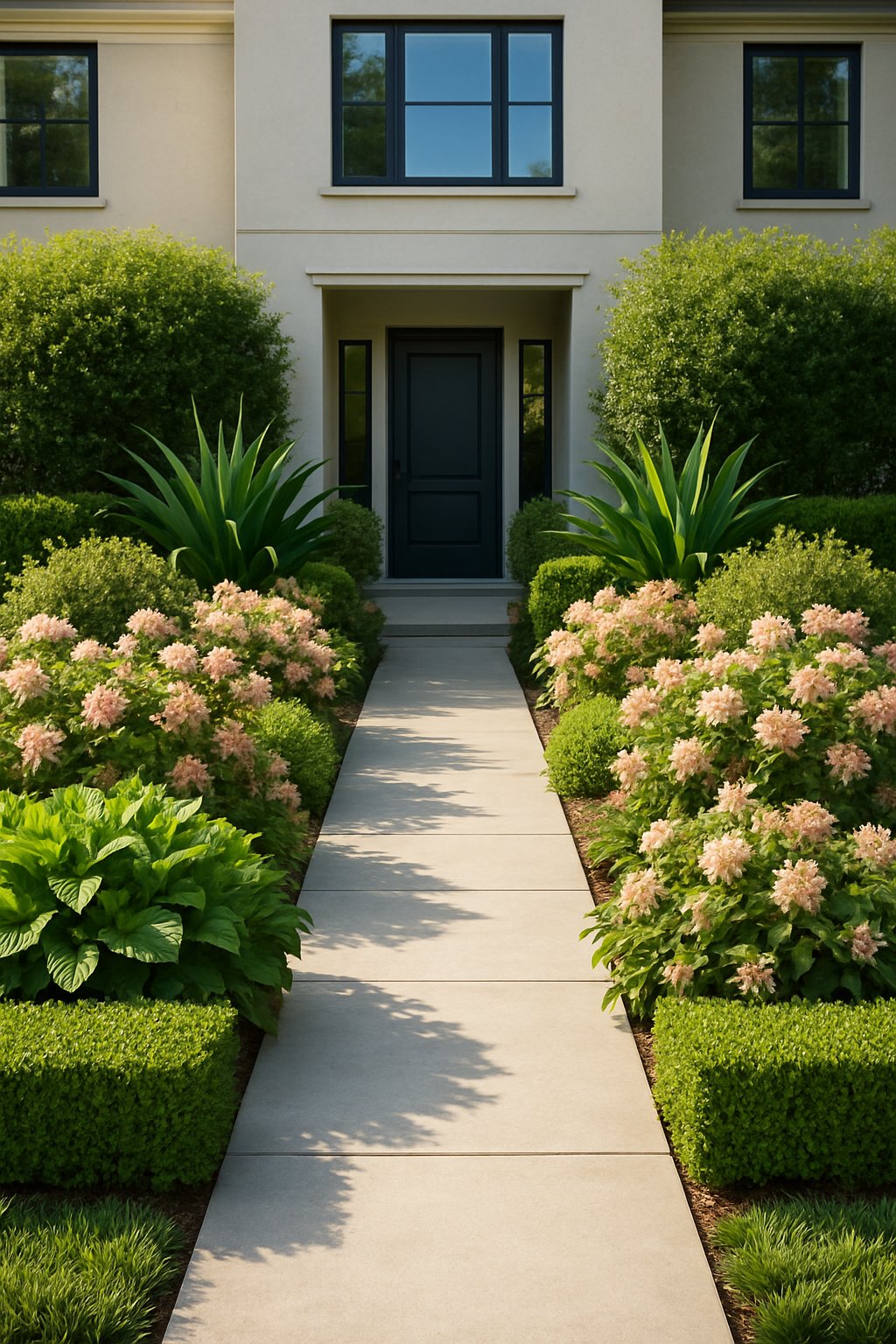 A front yard with a paved walkway flanked by symmetrical green plants and shrubs leading to the entrance of a modern house.