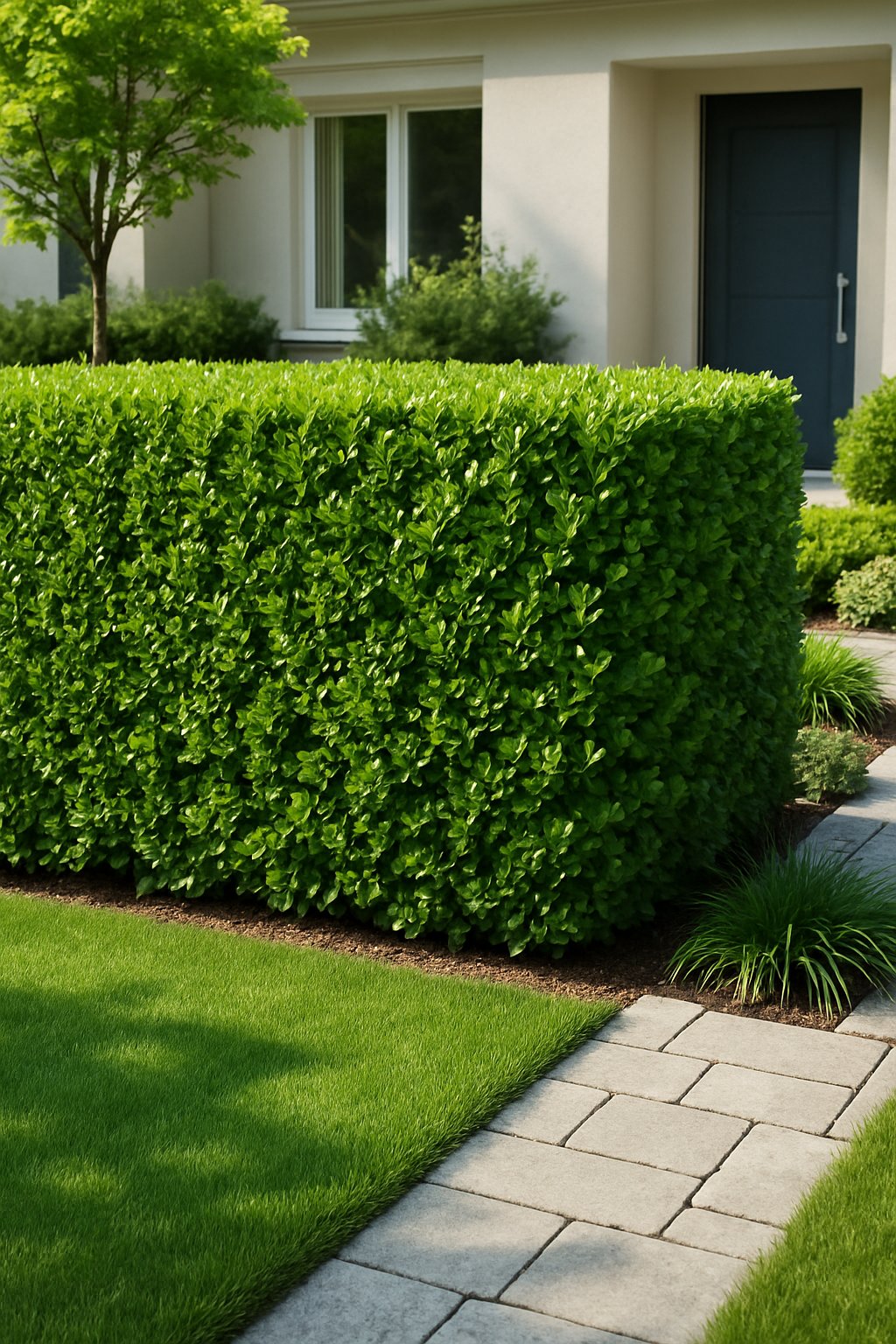 Front yard with a dense privacy hedge of neatly trimmed boxwood shrubs in front of a modern house, surrounded by a manicured lawn and stone pathway.