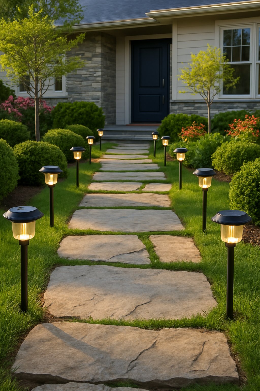 A front yard pathway lined with solar lights leading to the entrance of a house, surrounded by grass, shrubs, and flowering plants.