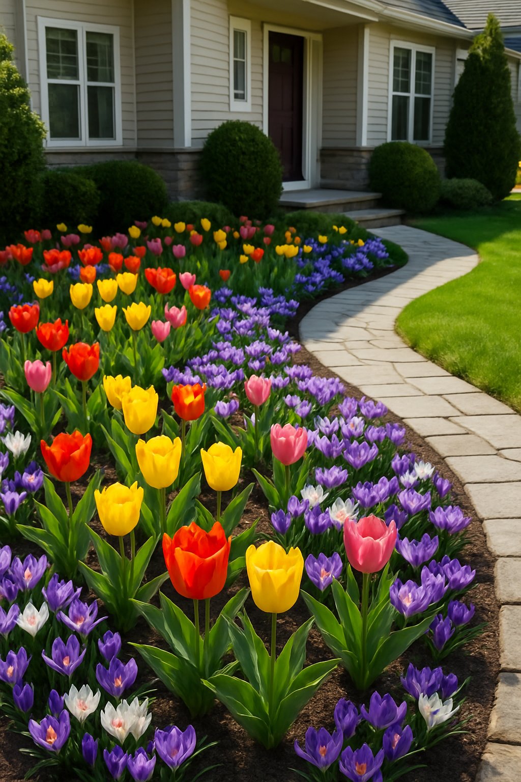 A front yard garden with colorful tulips and crocuses planted along a curved stone pathway leading to a house entrance.