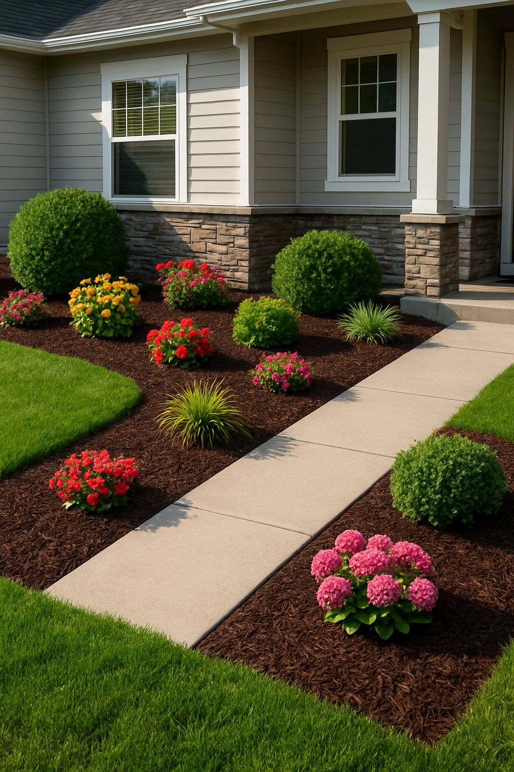 Front yard of a house with decorative mulch beds, colorful plants, shrubs, green lawn, and a clean walkway.